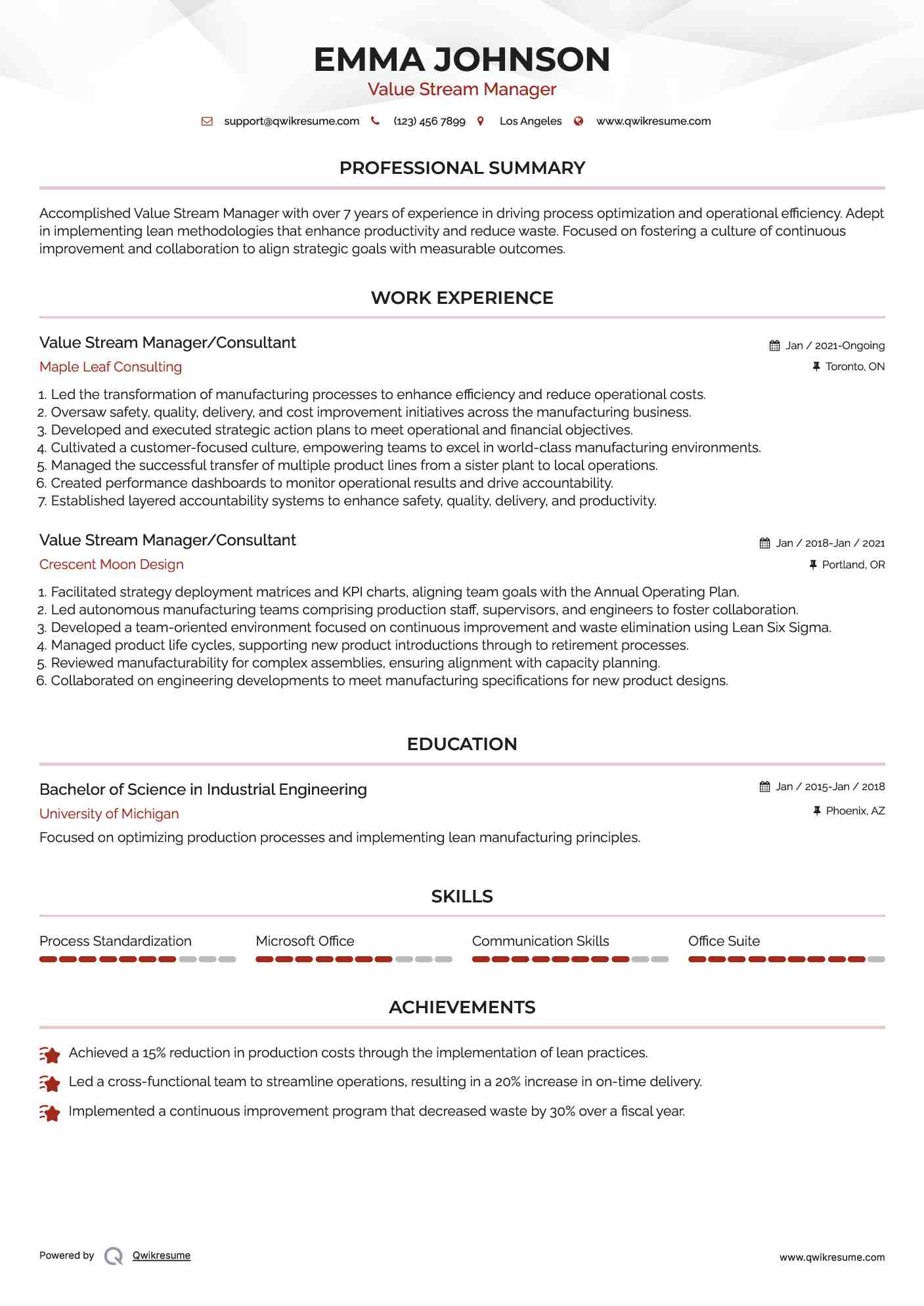 Value Stream Manager/Consultant Resume Template