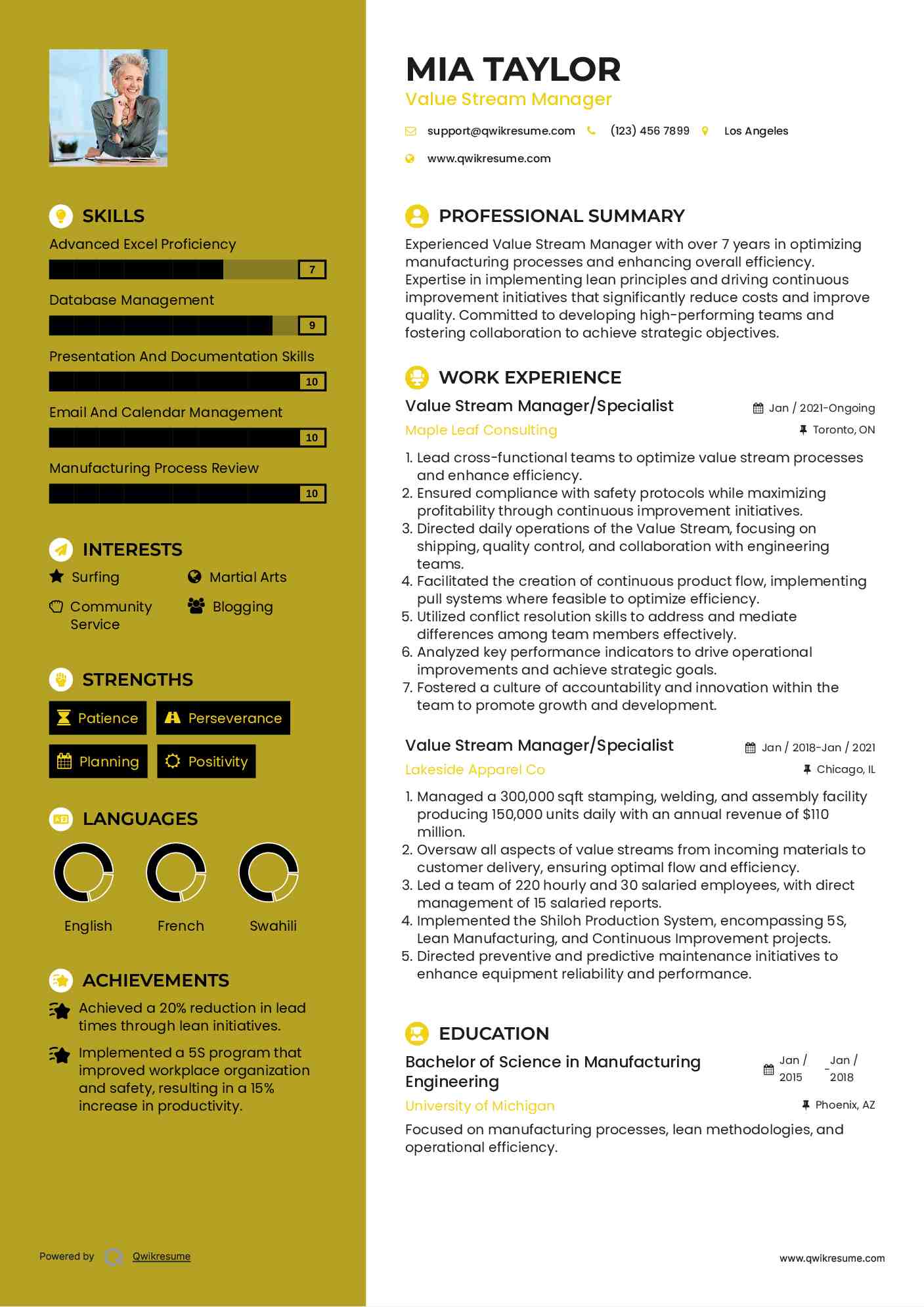 Value Stream Manager/Specialist Resume Format