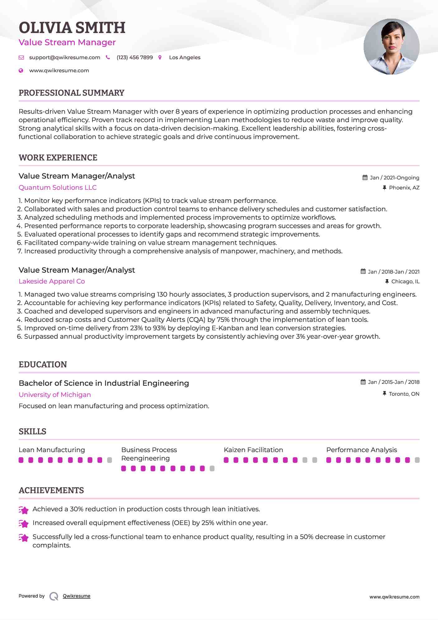 Value Stream Manager/Analyst Resume Sample