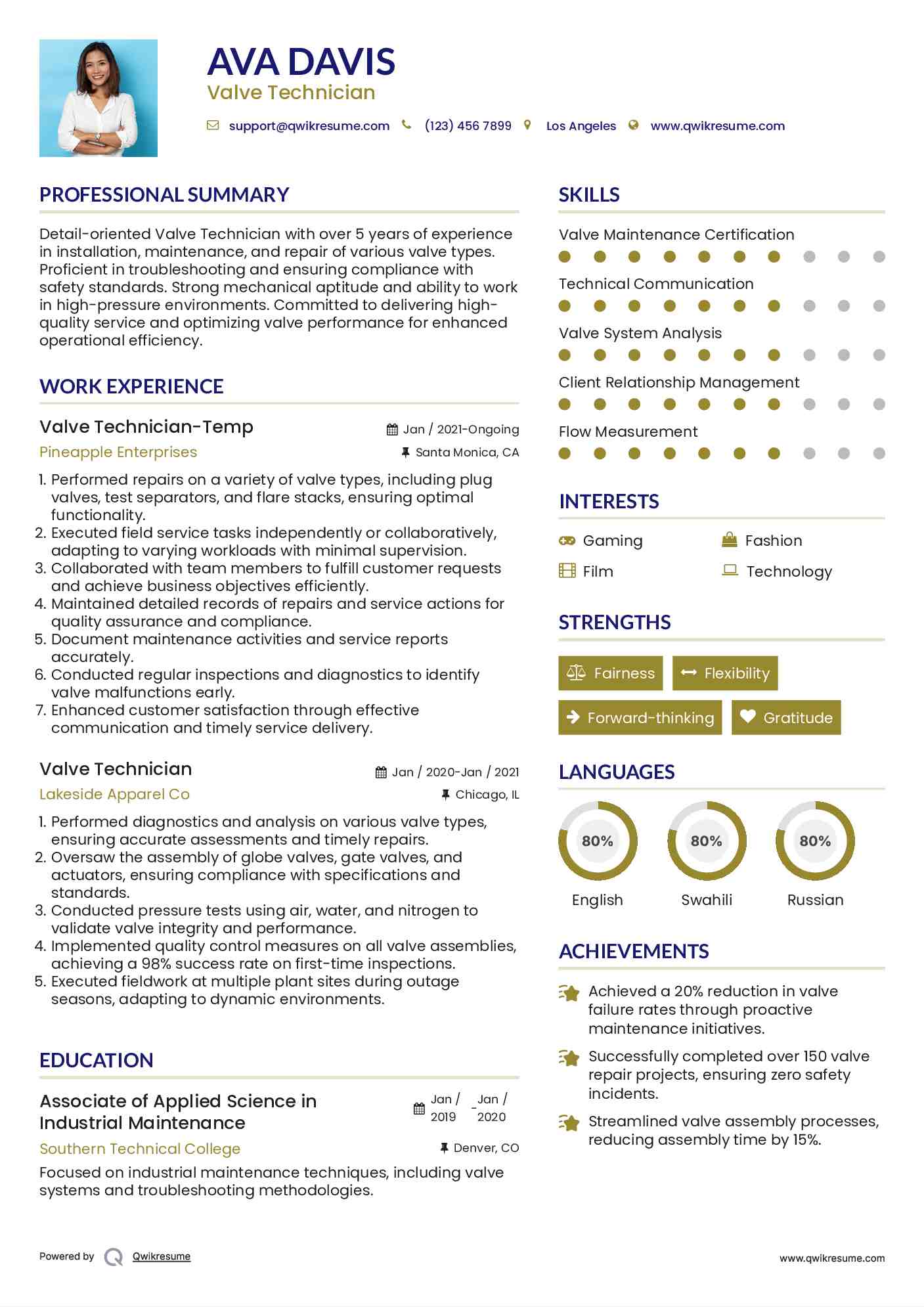 Valve Technician Resume Samples QwikResume