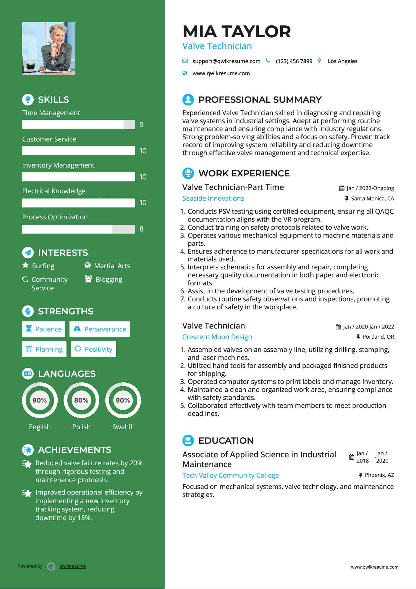 Valve Technician-Part Time Resume Example