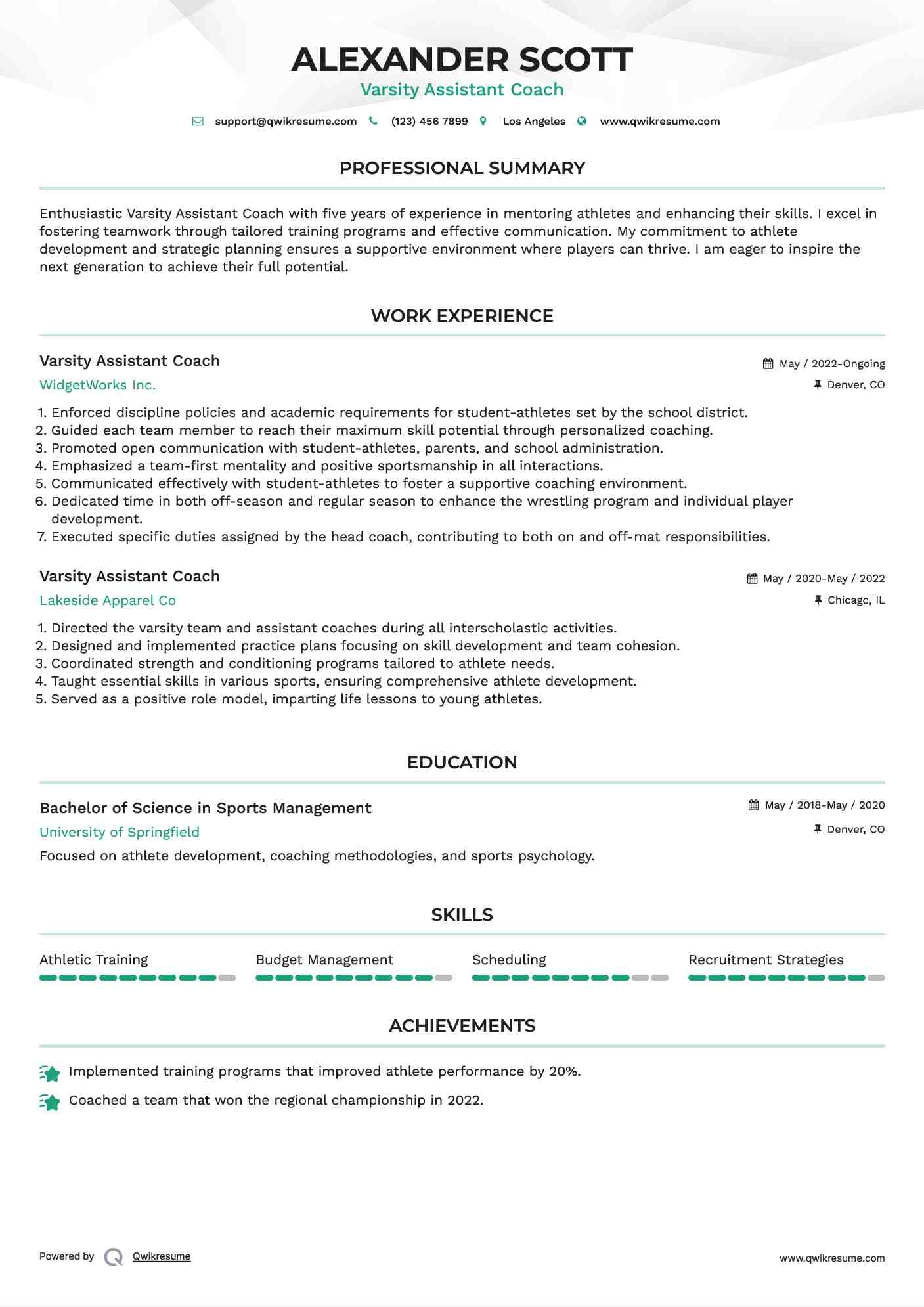 Varsity Assistant Coach Resume Format