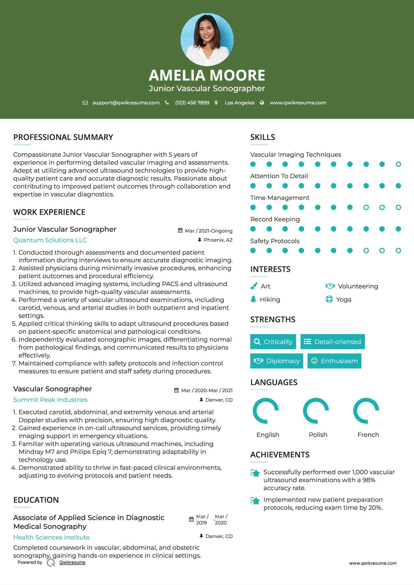 Junior Vascular Sonographer Resume Model