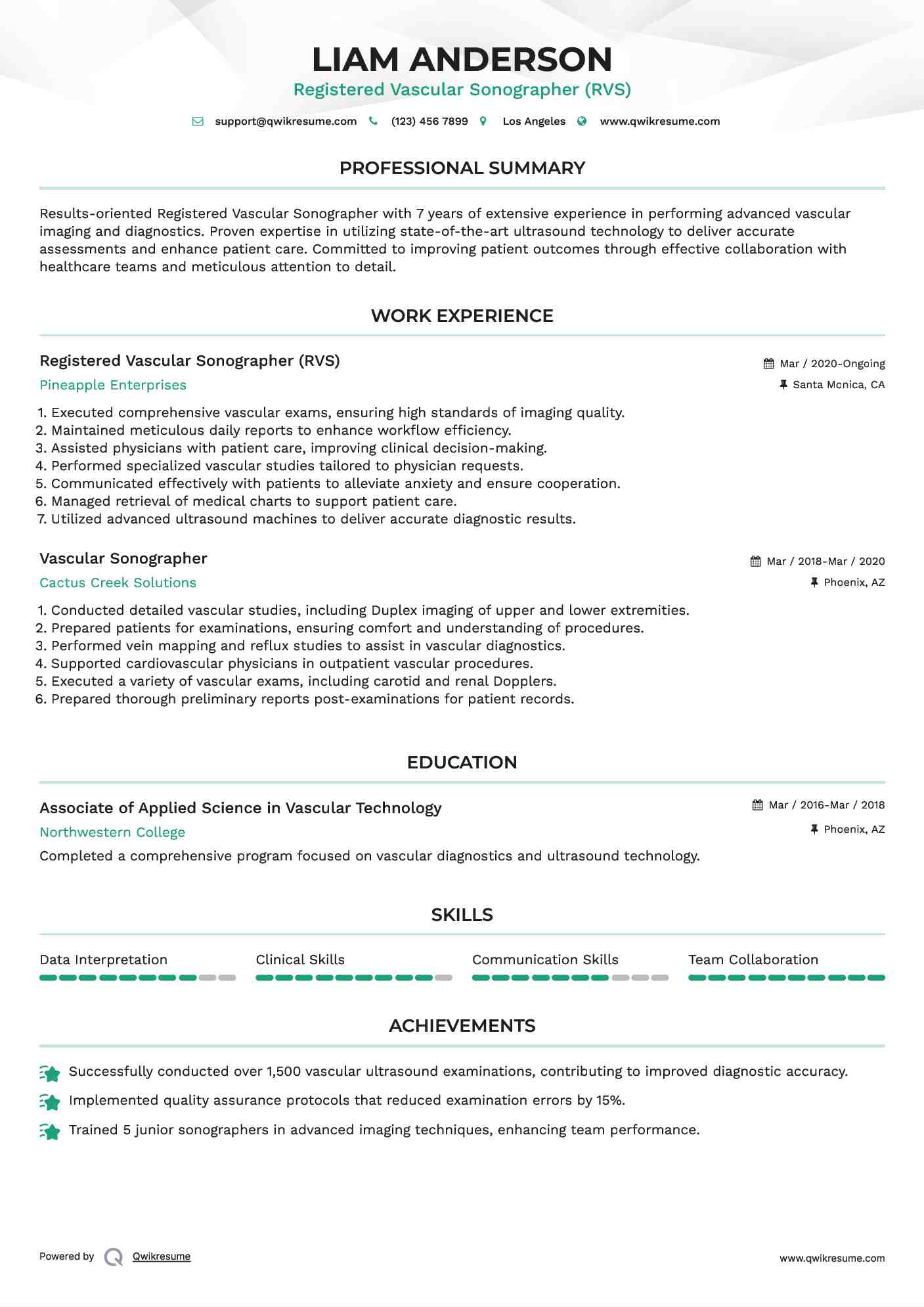Registered Vascular Sonographer (RVS) Resume Model
