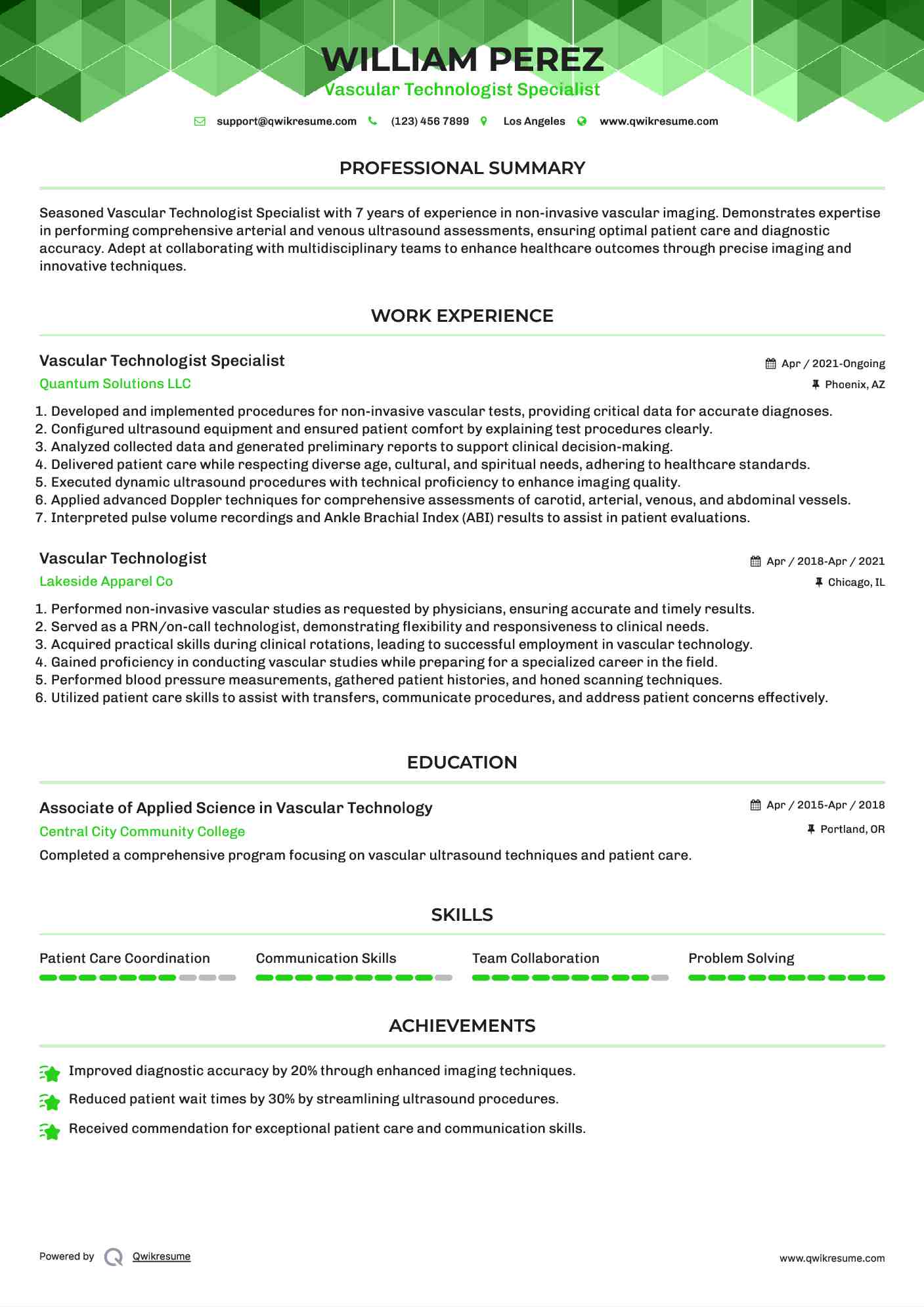 Vascular Technologist Specialist Resume Sample