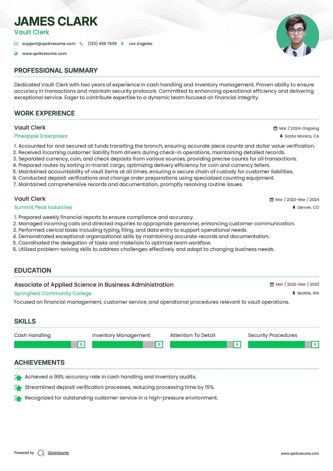 Vault Clerk Resume Model