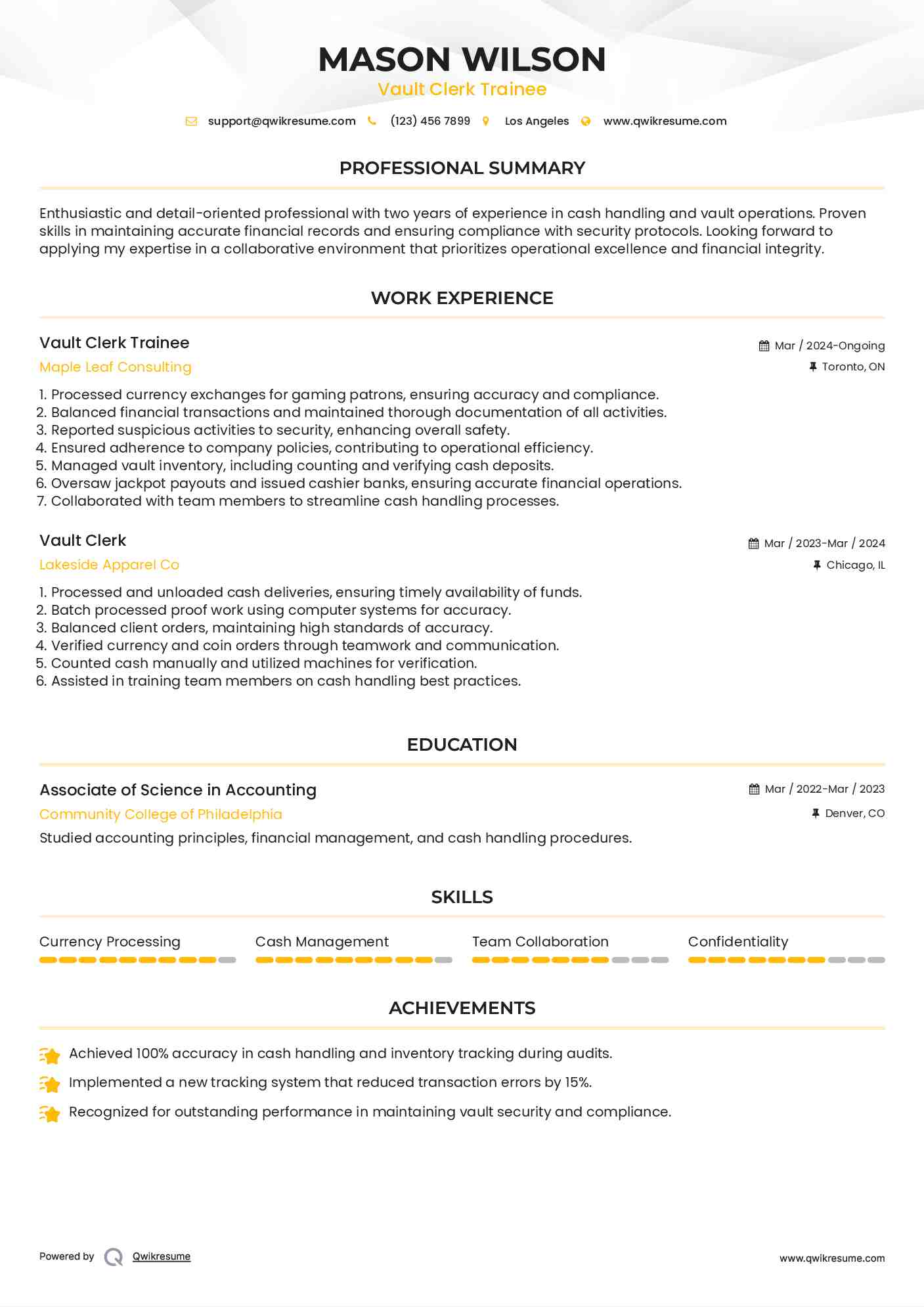 Vault Clerk Trainee Resume Template