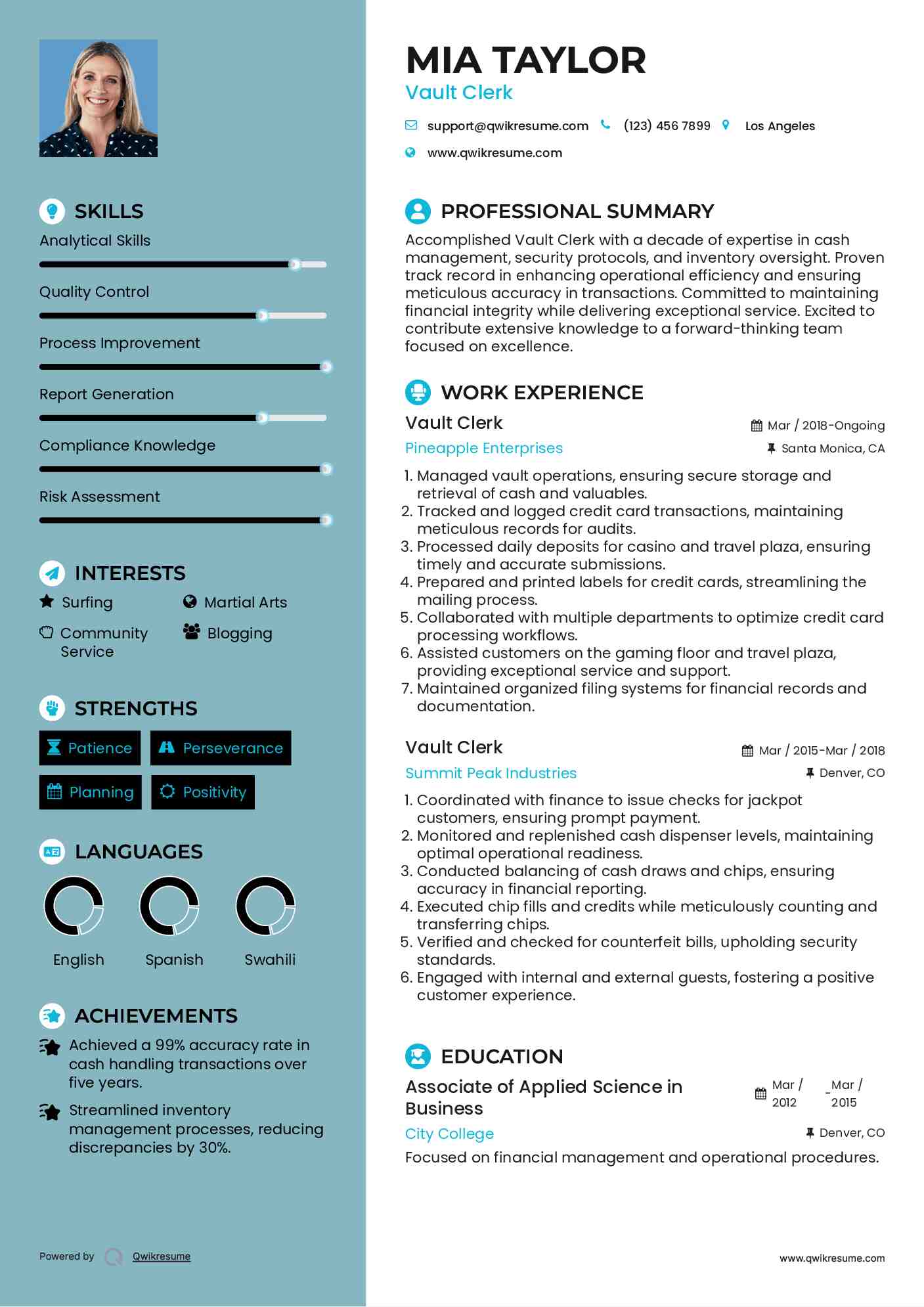 Vault Clerk Resume Model