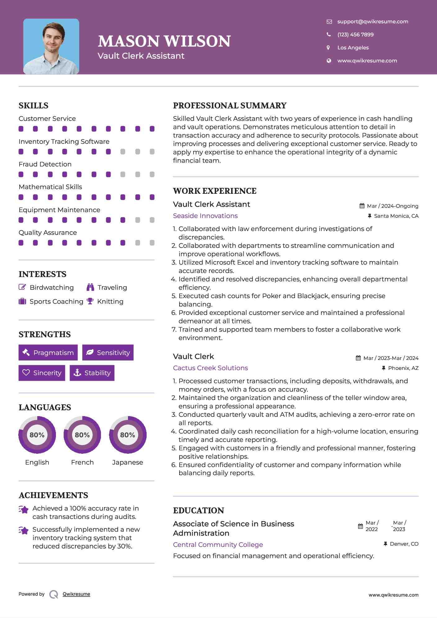 Vault Clerk Assistant Resume Format