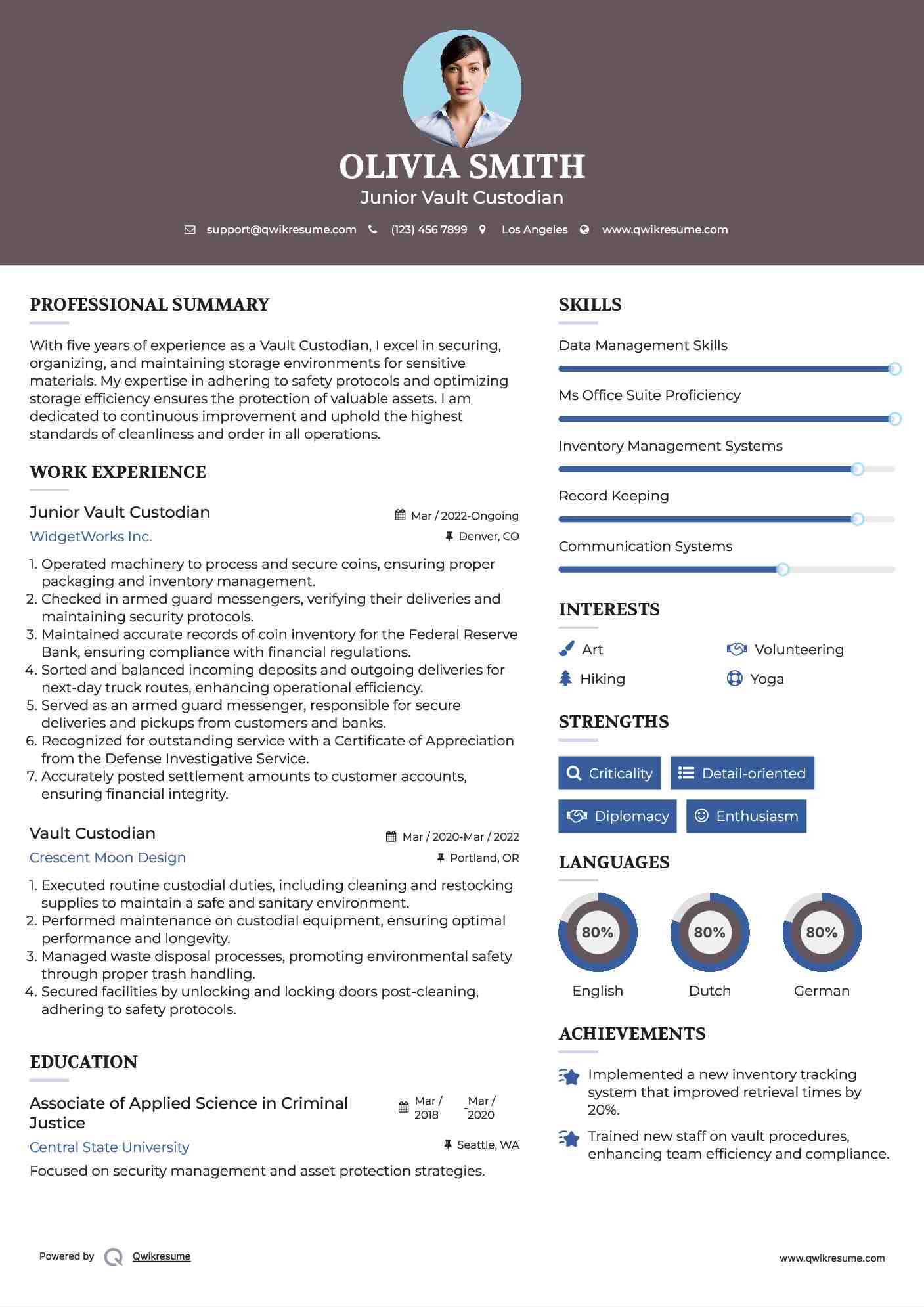 Junior Vault Custodian Resume Template