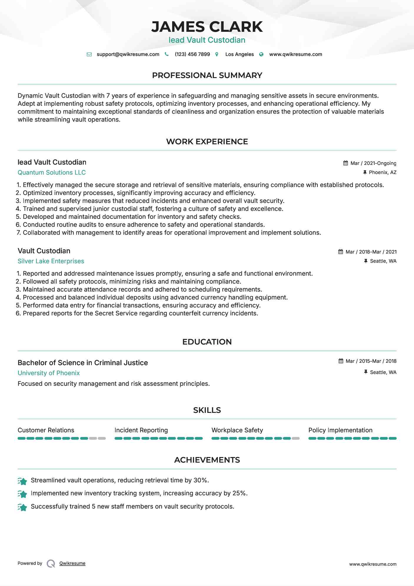 lead Vault Custodian Resume Model