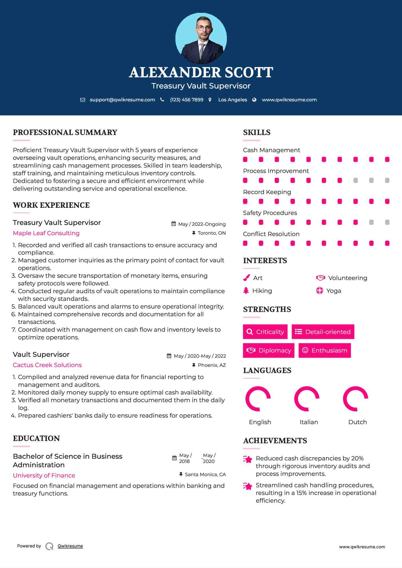 Treasury Vault Supervisor Resume Template