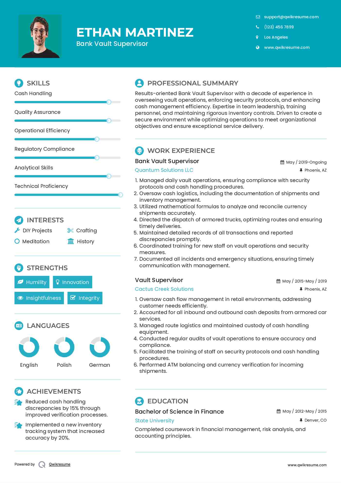 Bank Vault Supervisor Resume Template
