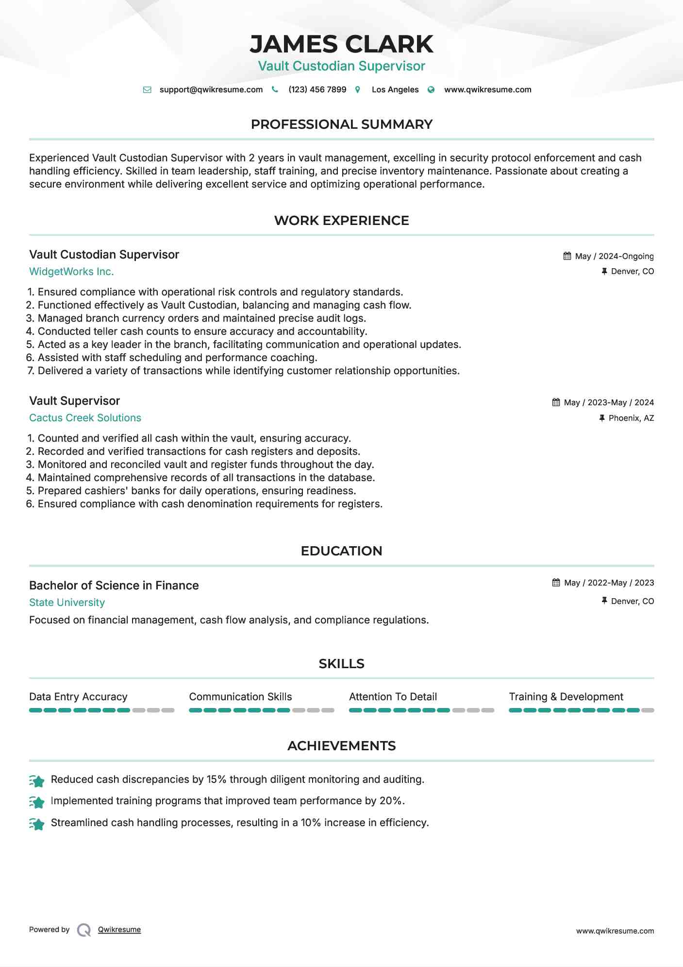 Vault Custodian Supervisor Resume Model