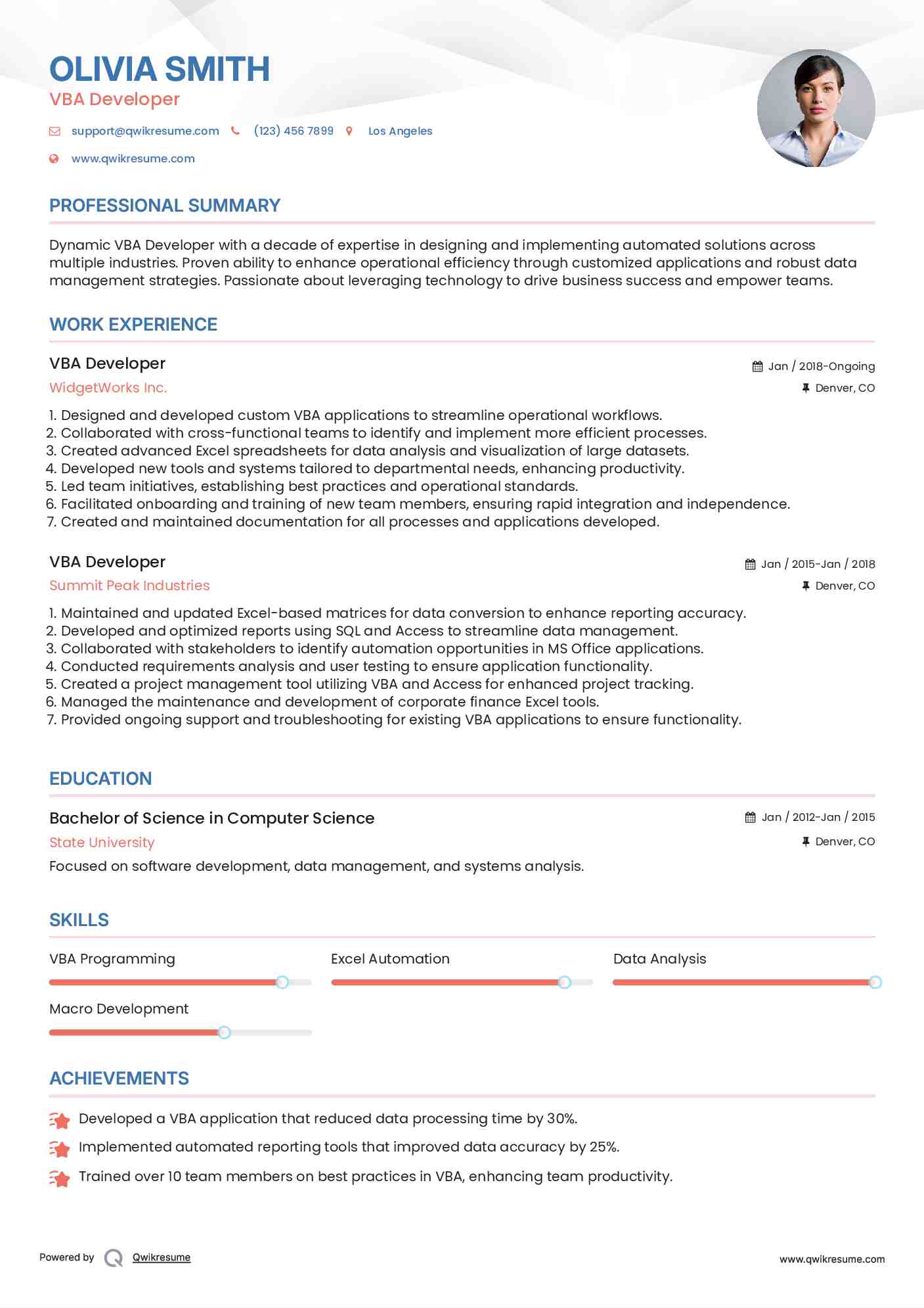 VBA Developer Resume Model