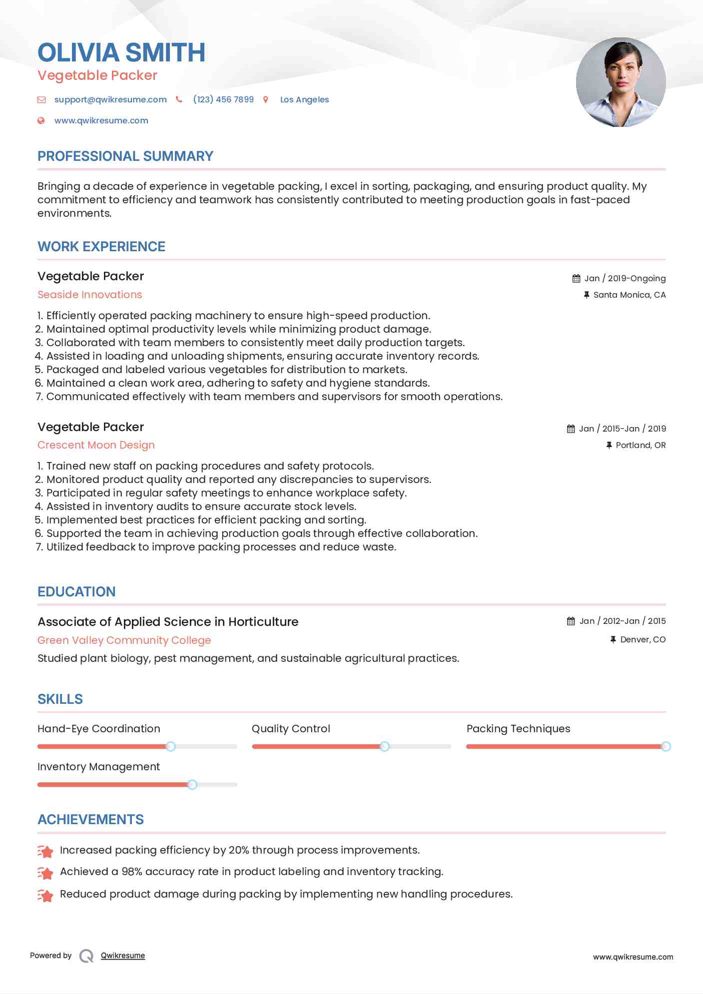 Vegetable Packer Resume Template