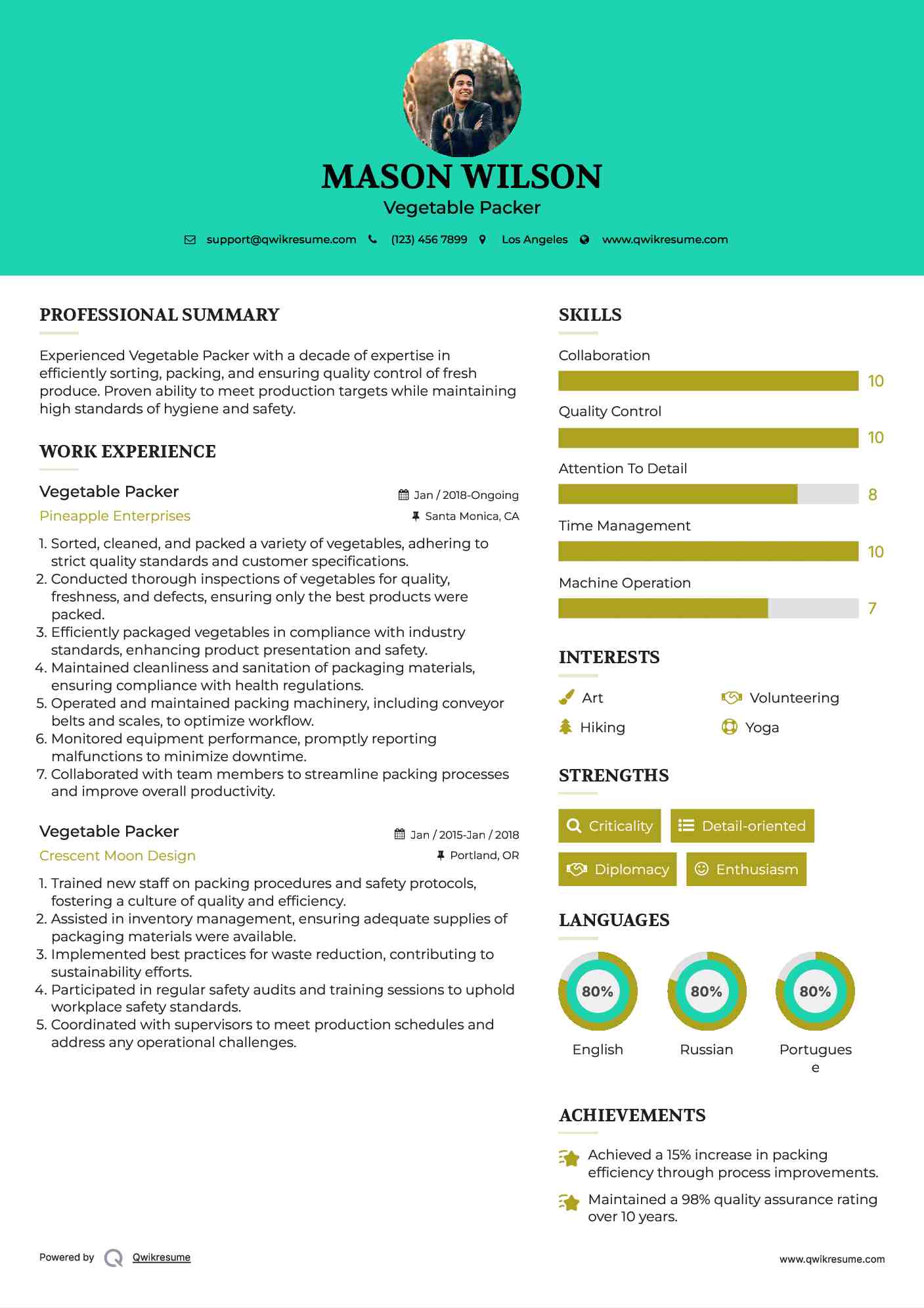 Vegetable Packer Resume Model