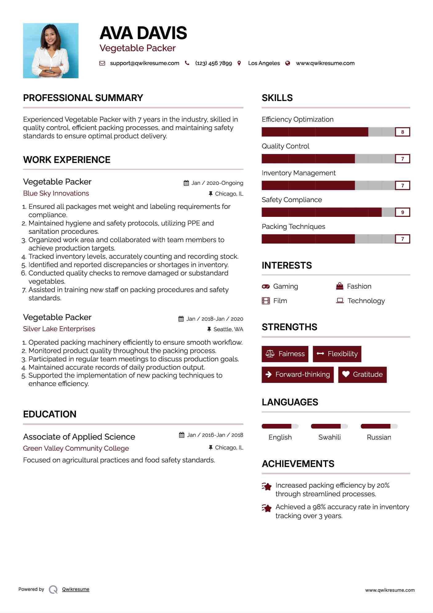 Vegetable Packer Resume Sample