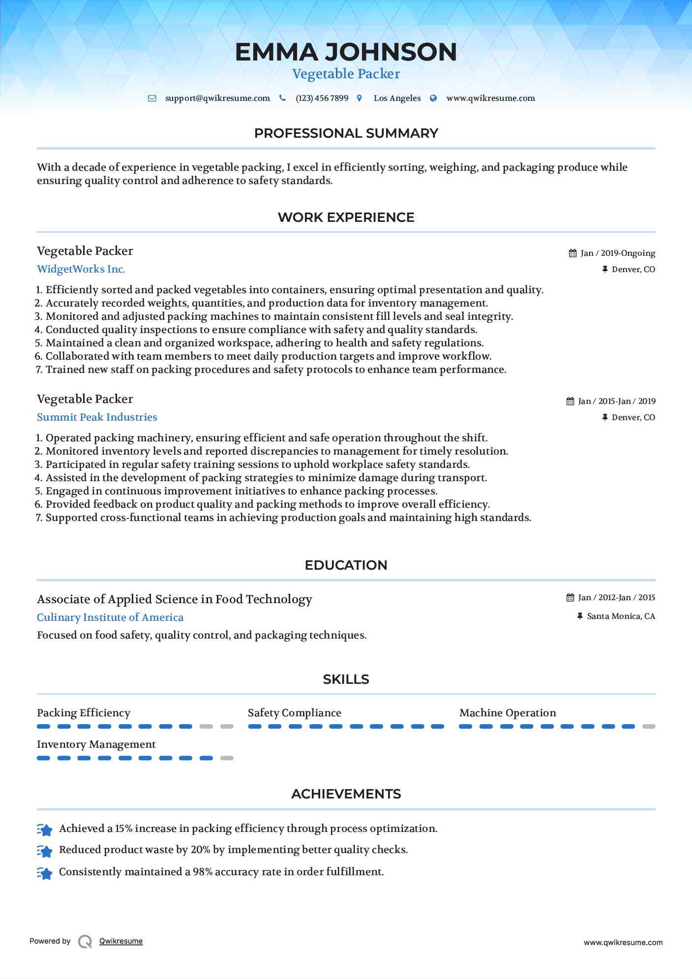 Vegetable Packer Resume Example