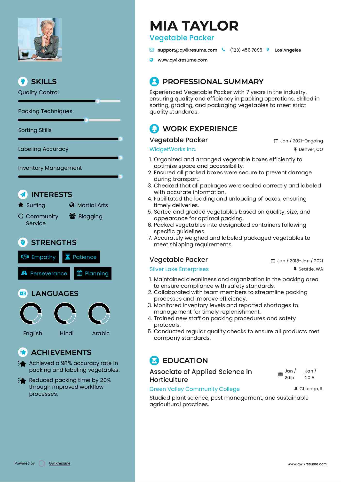 Vegetable Packer Resume Template
