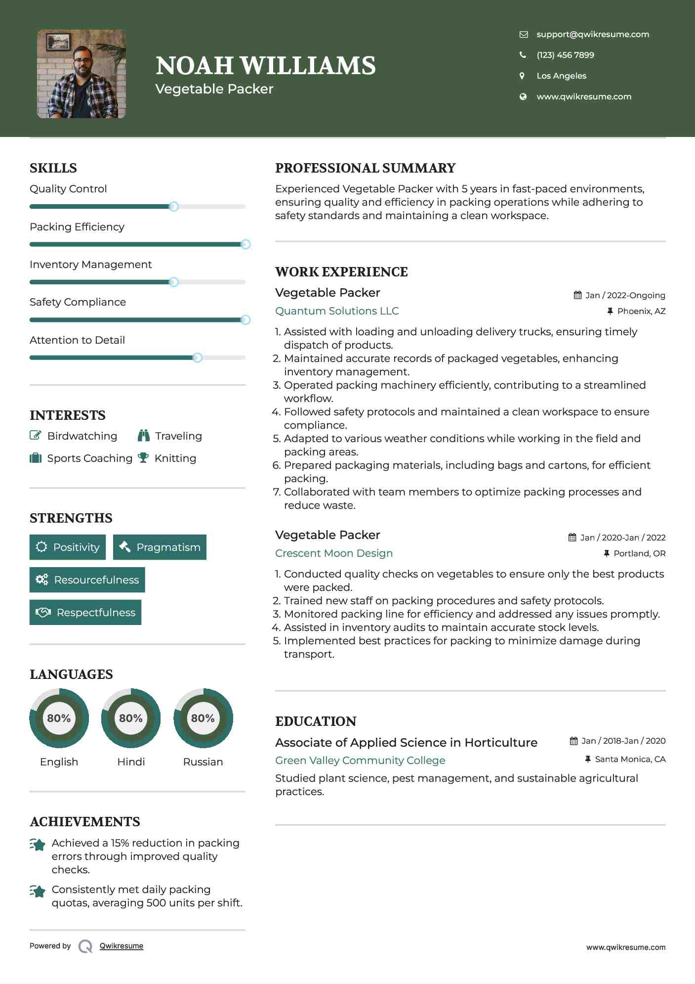 Vegetable Packer Resume Model
