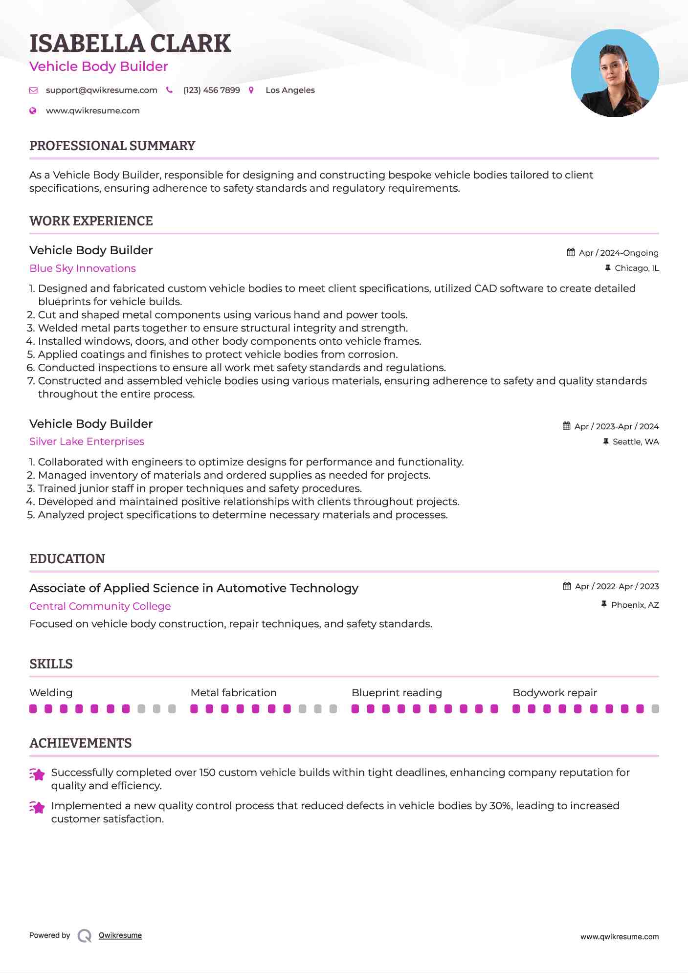 Vehicle Body Builder Resume Example