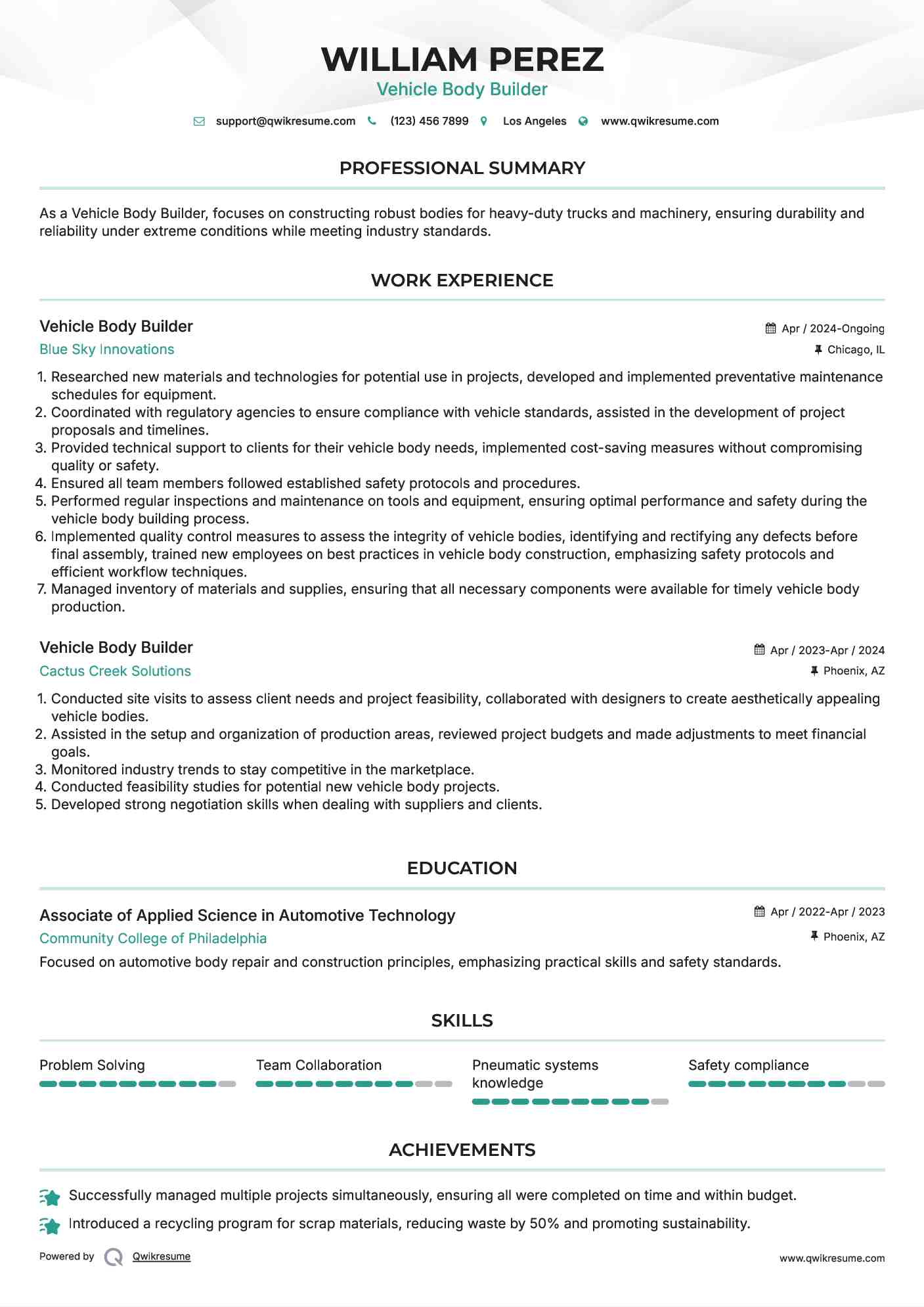 Vehicle Body Builder Resume Example