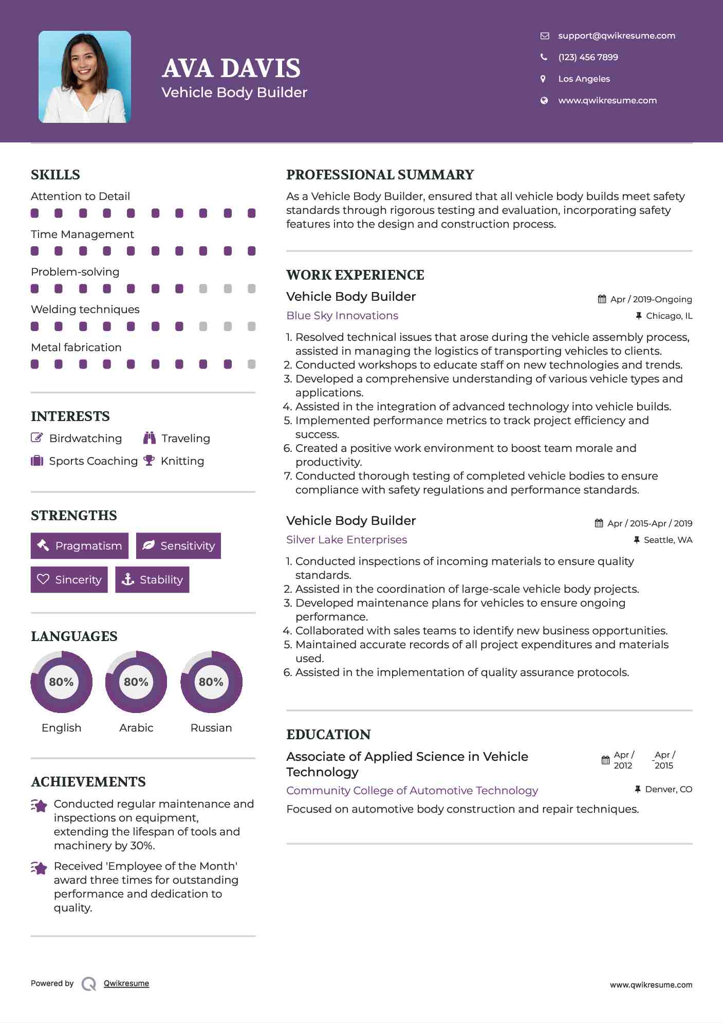 Vehicle Body Builder Resume Model