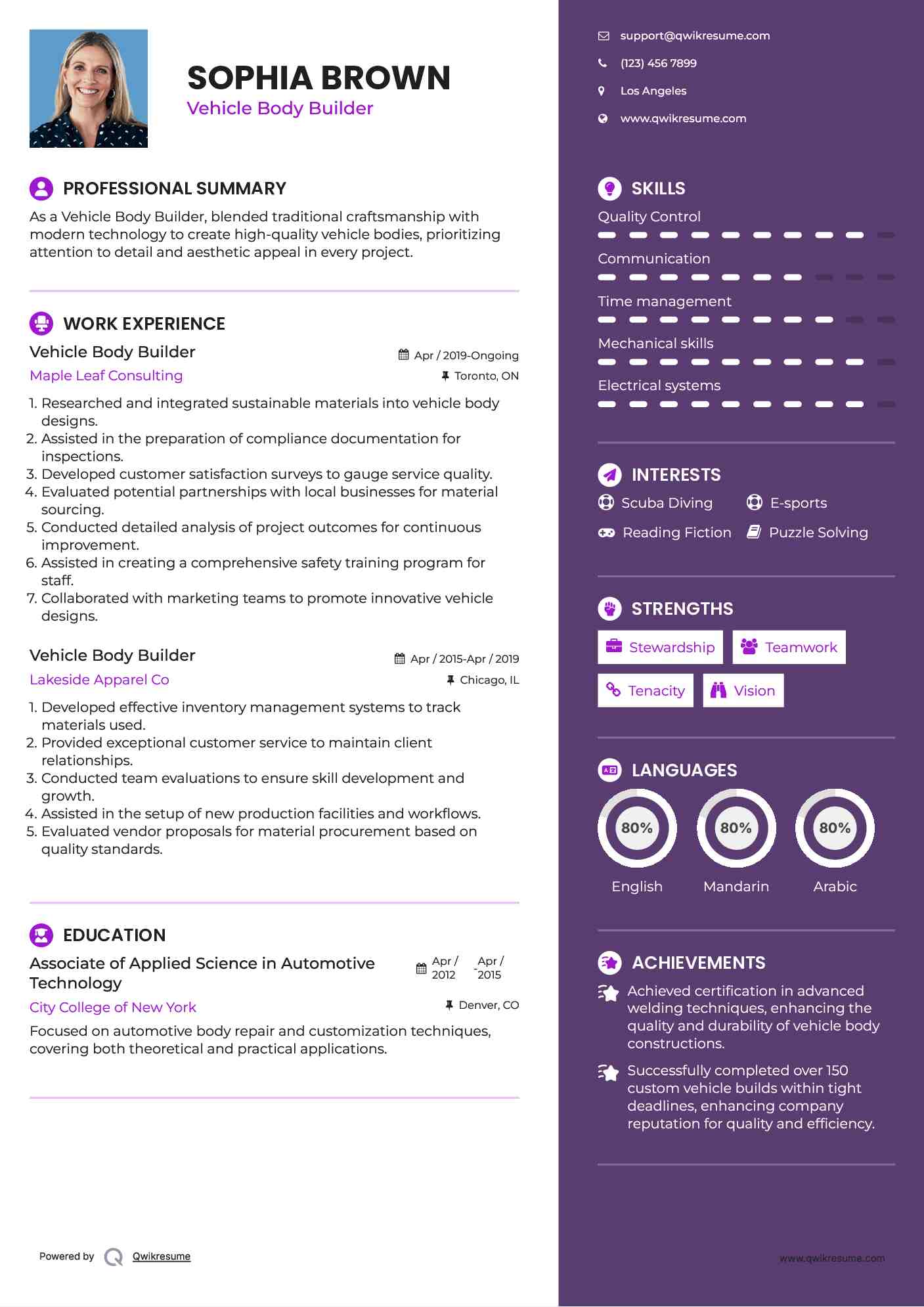 Vehicle Body Builder Resume Model