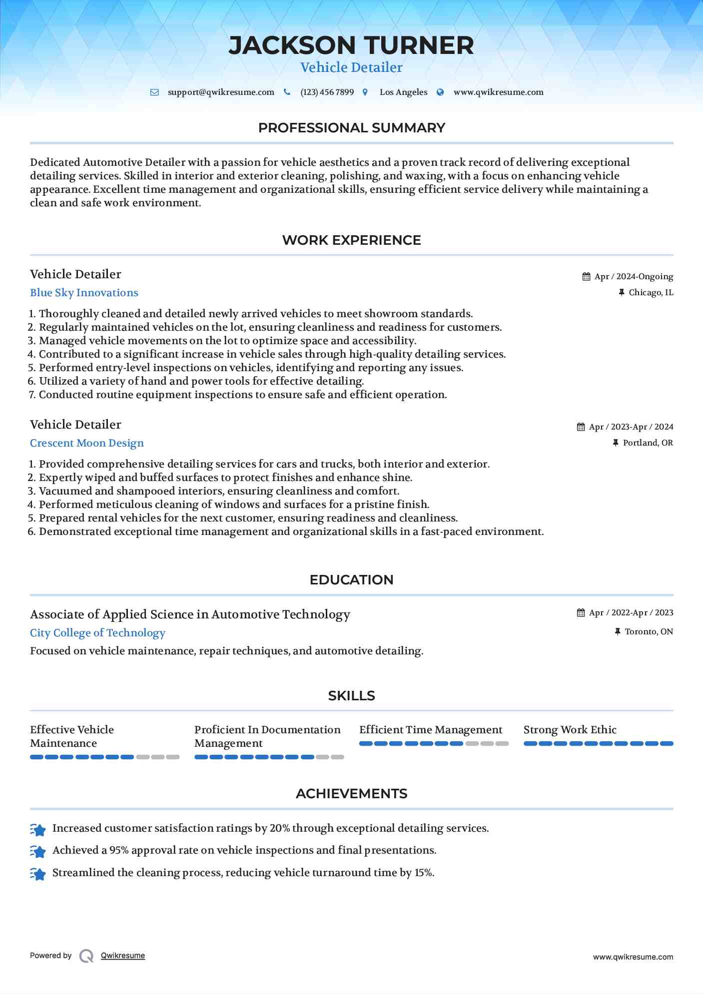 Vehicle Detailer Resume Sample