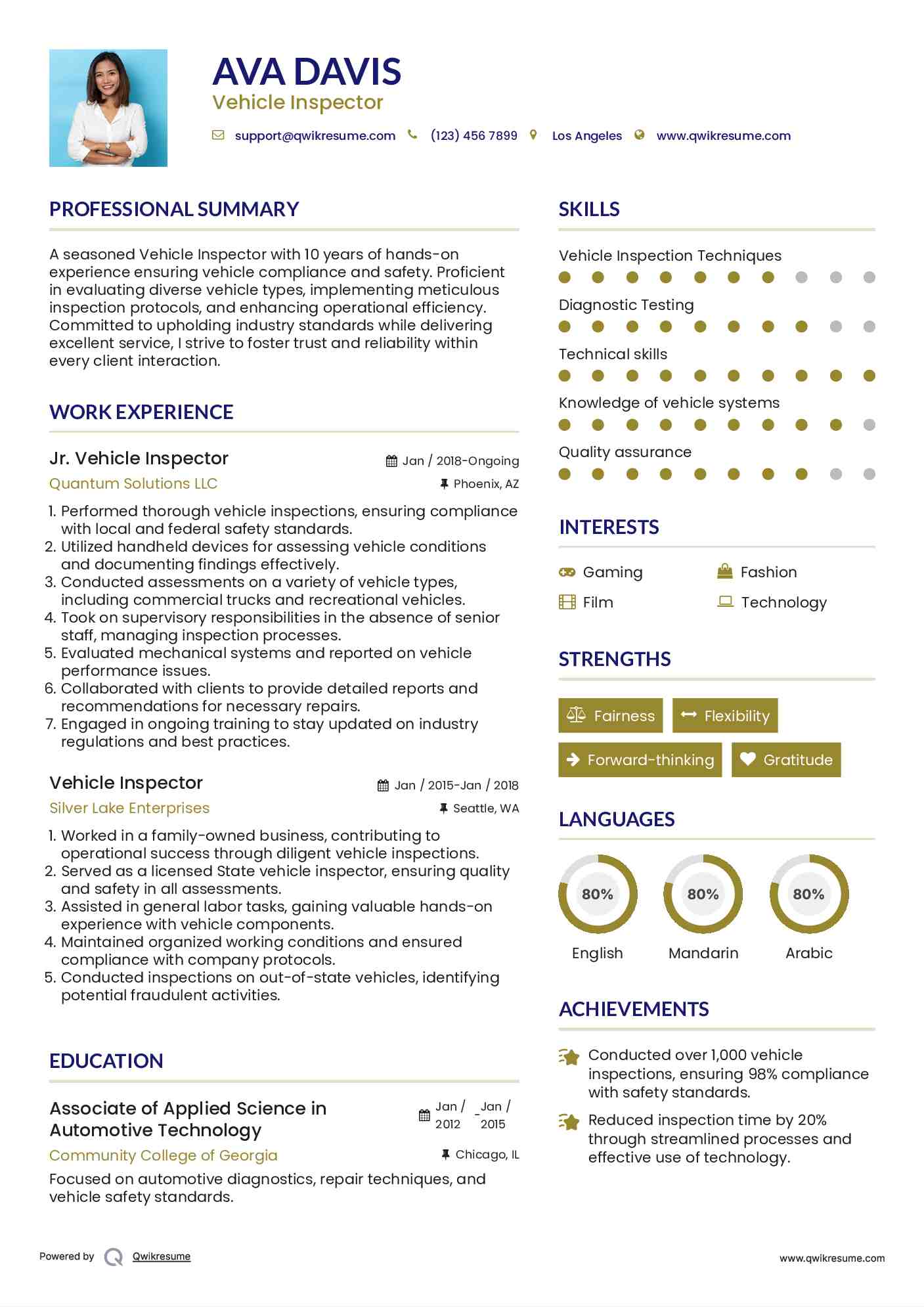 Jr. Vehicle Inspector Resume Template