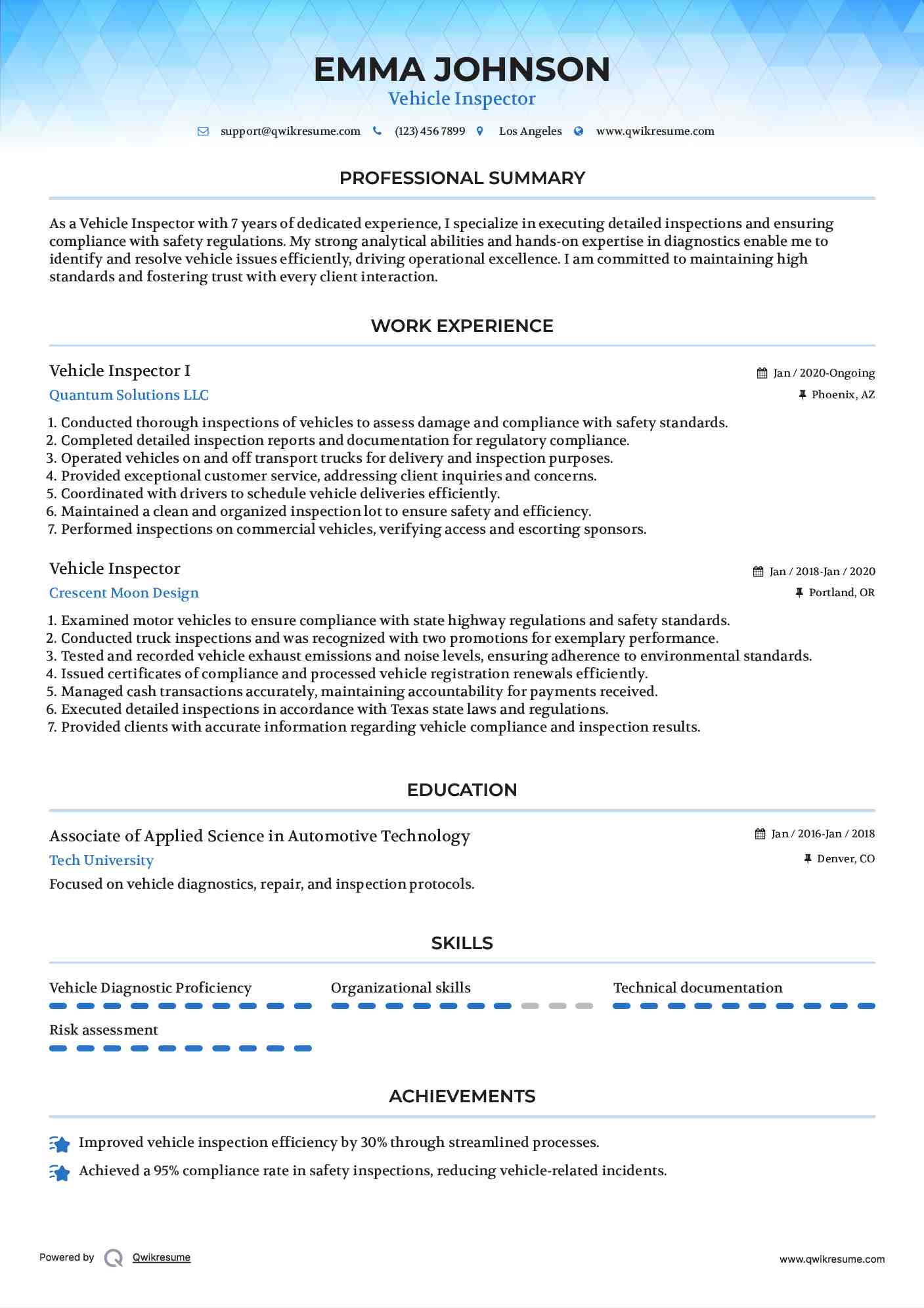 Vehicle Inspector I Resume Template