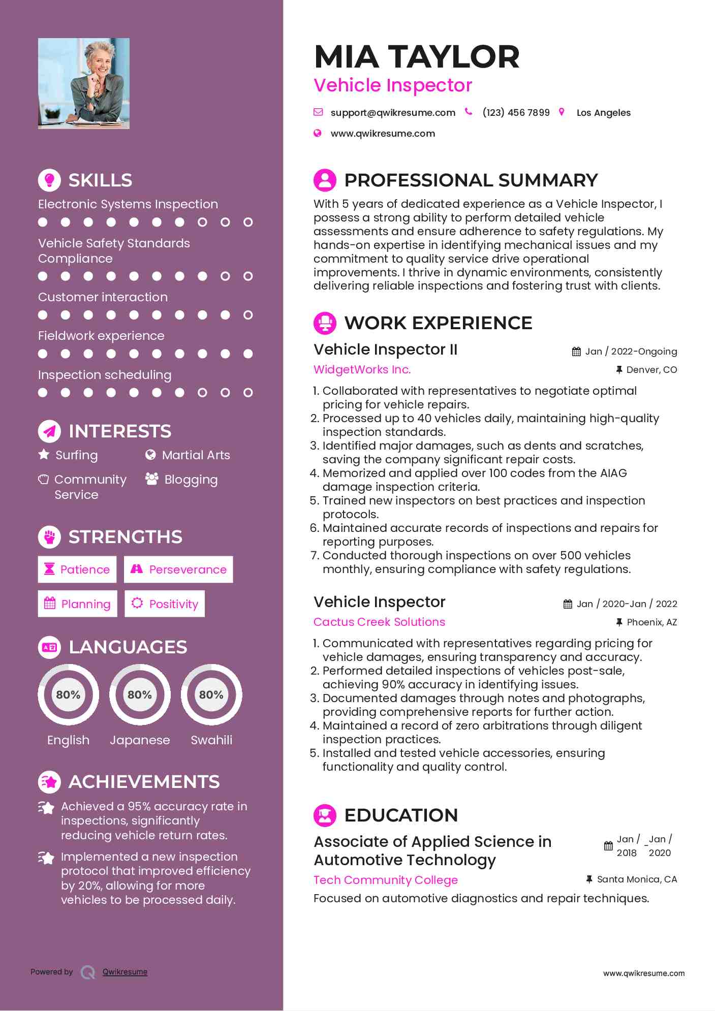 Vehicle Inspector II Resume Template