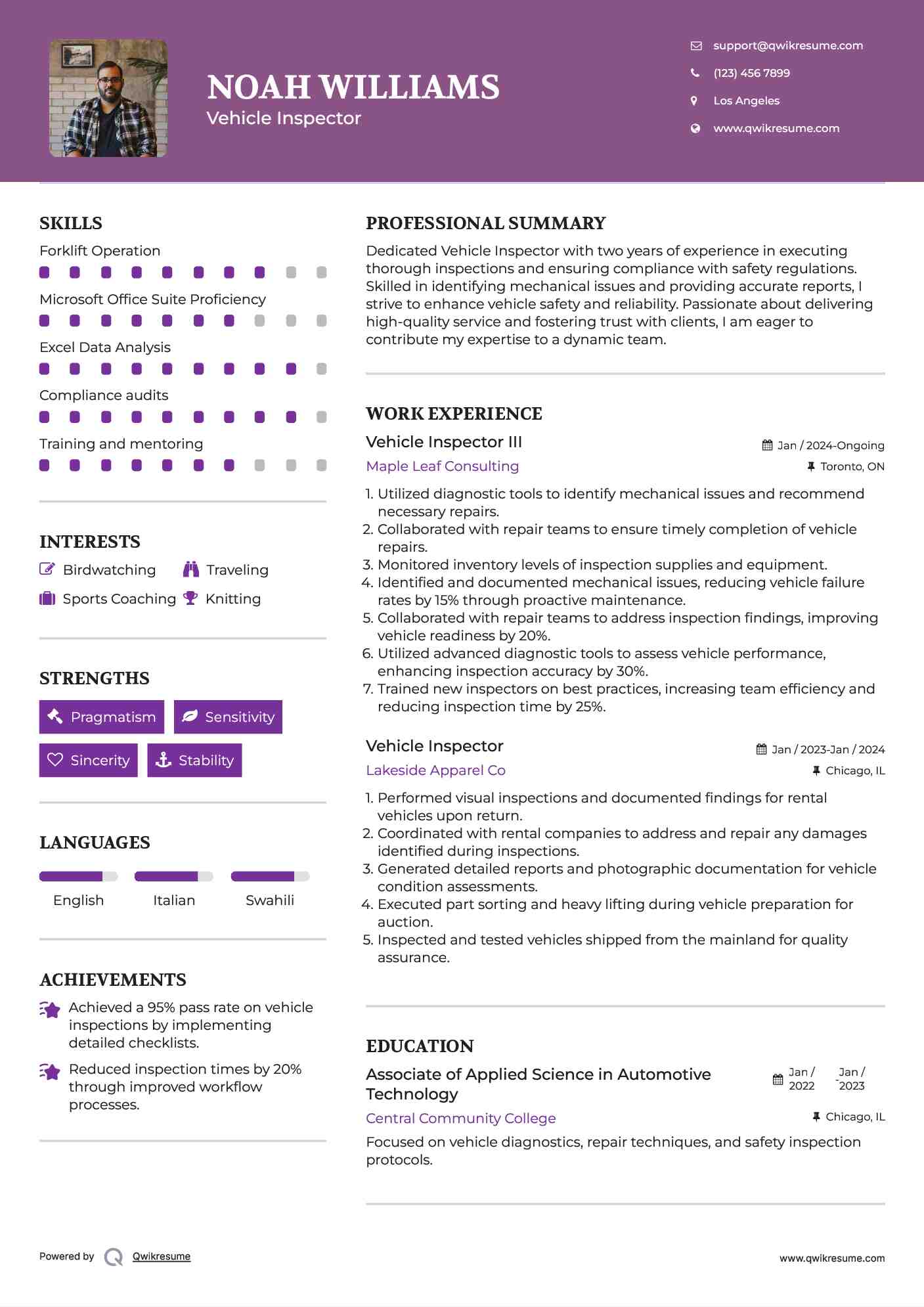 Vehicle Inspector III Resume Sample