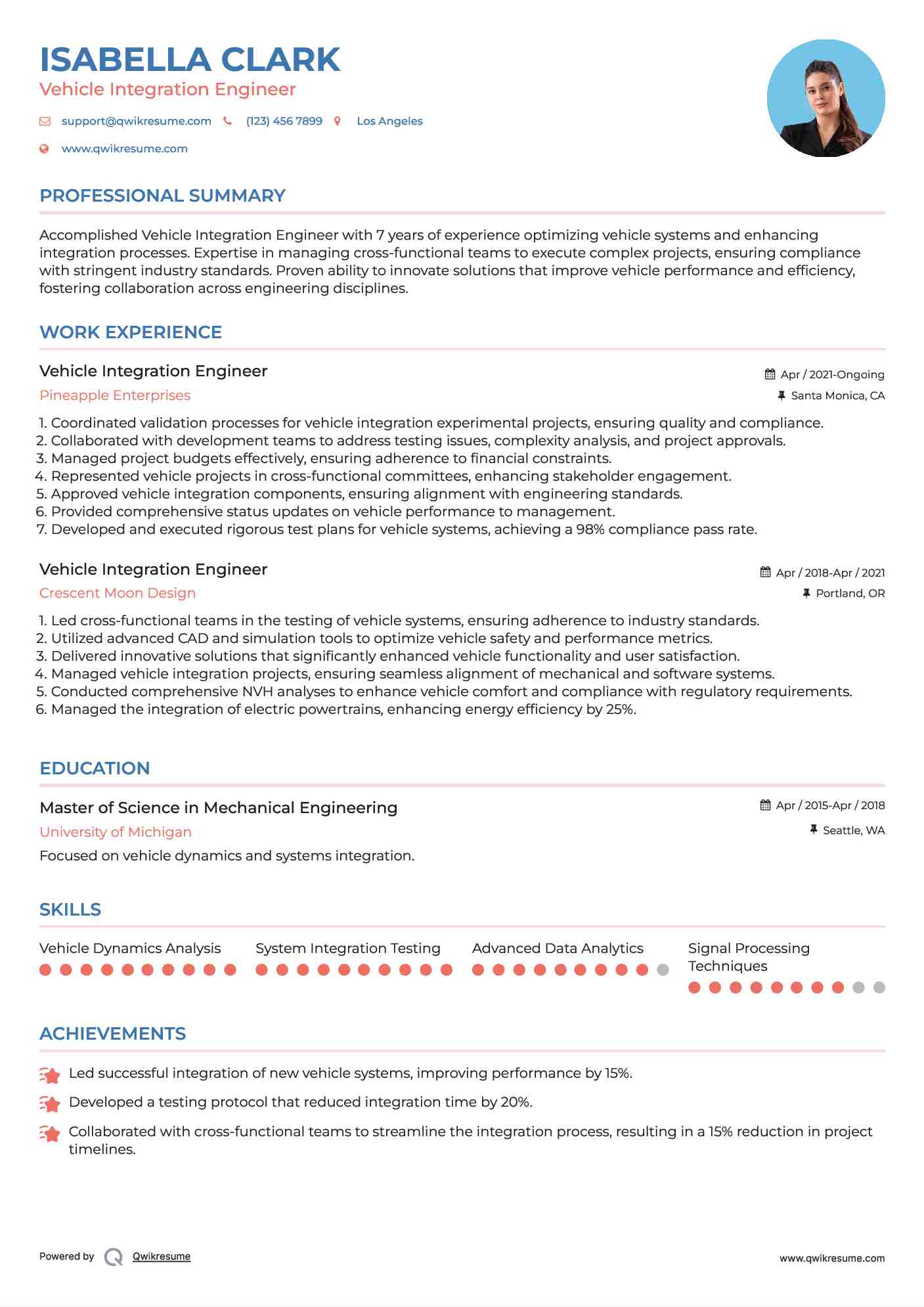 Vehicle Integration Engineer Resume Example