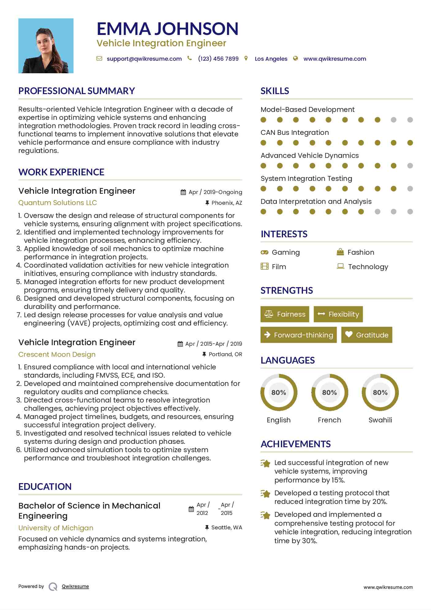 Vehicle Integration Engineer Resume Format