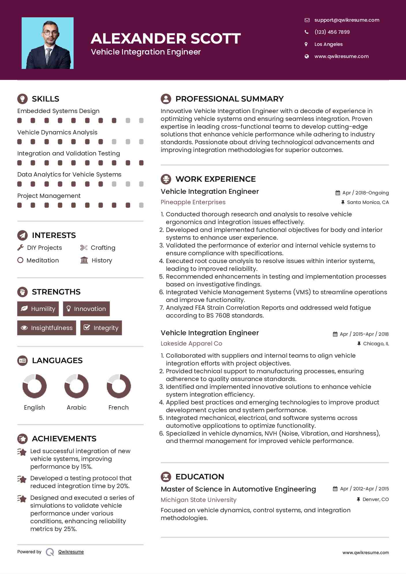 Vehicle Integration Engineer Resume Template