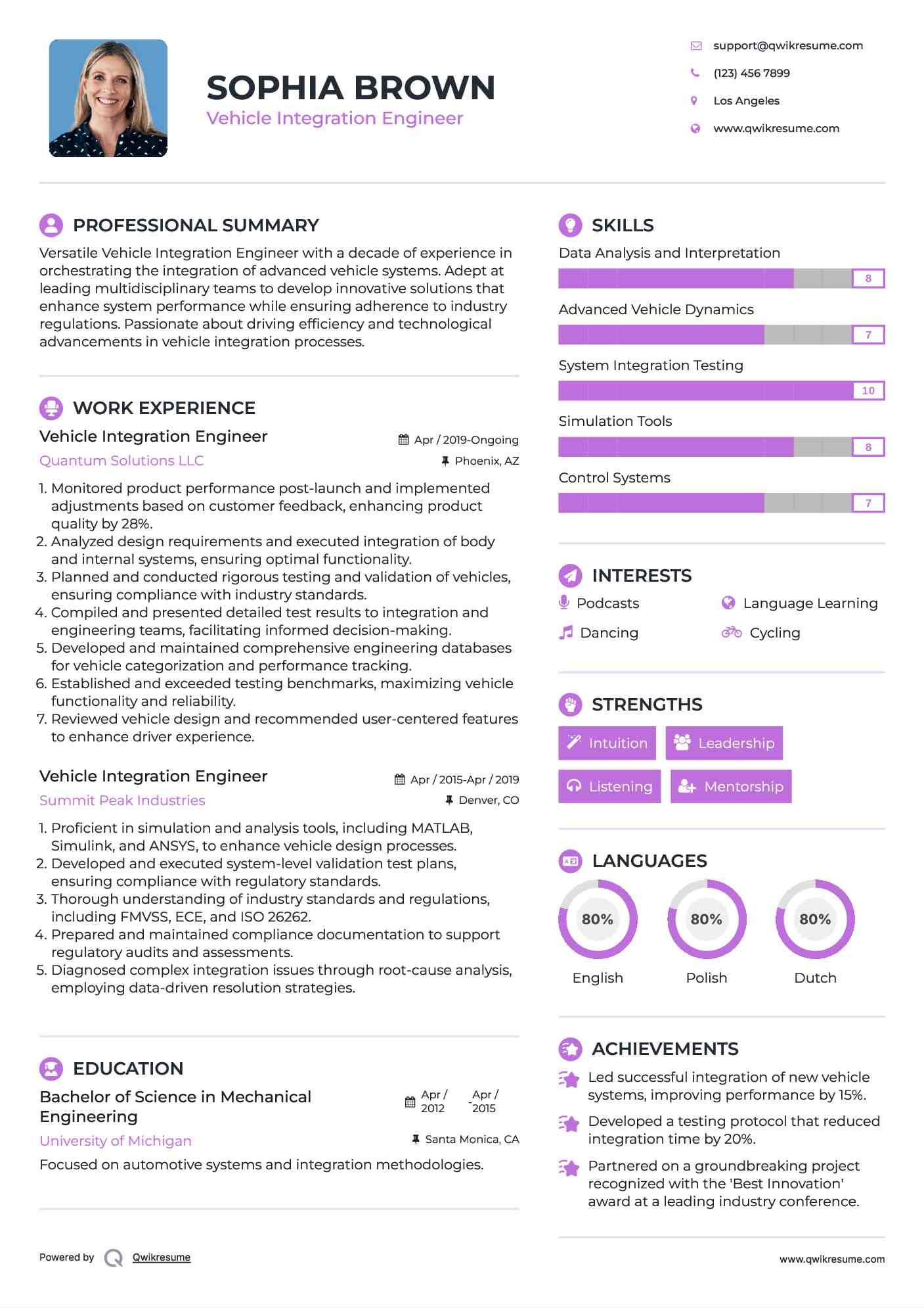 Vehicle Integration Engineer Resume Sample