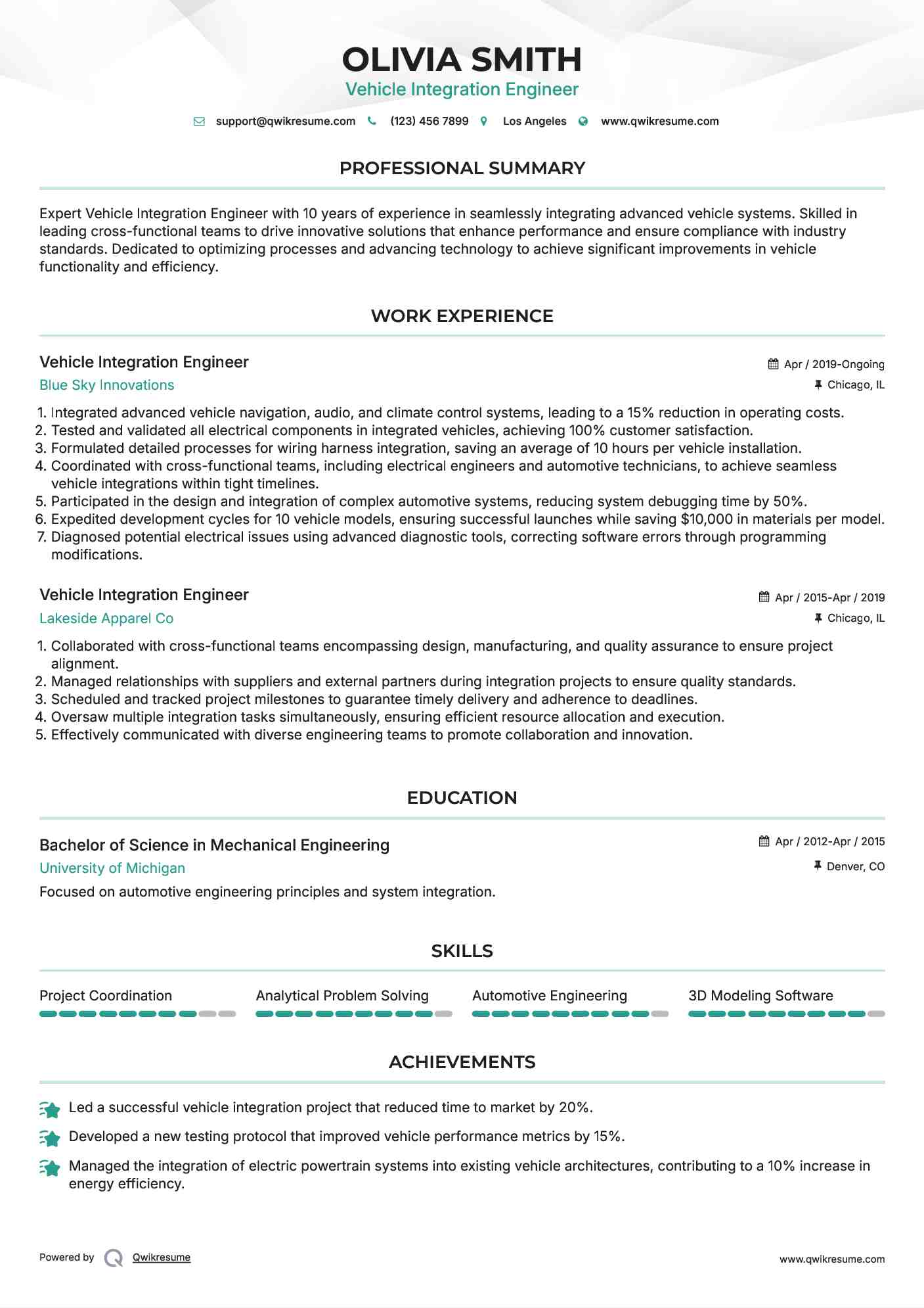 Vehicle Integration Engineer Resume Sample