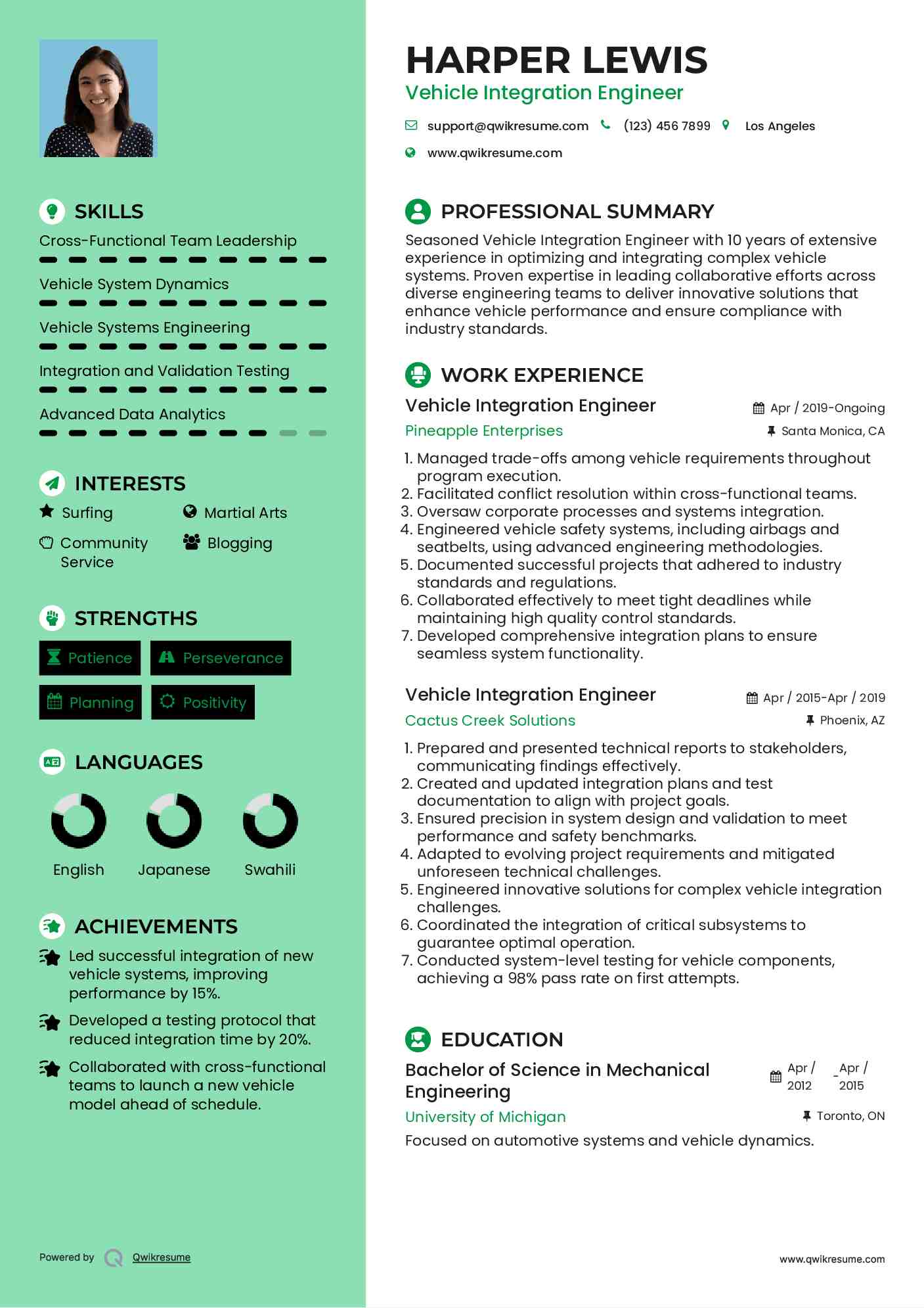 Vehicle Integration Engineer Resume Model