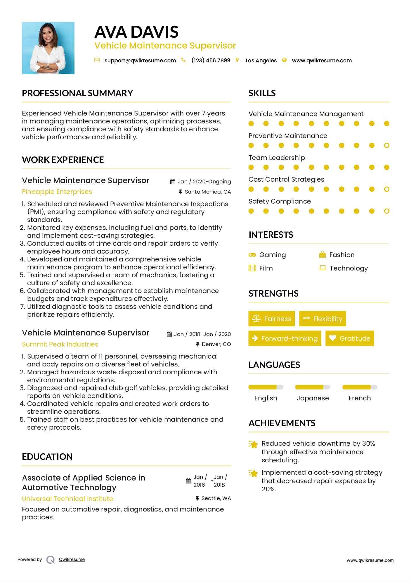 Vehicle Maintenance Supervisor Resume Samples QwikResume