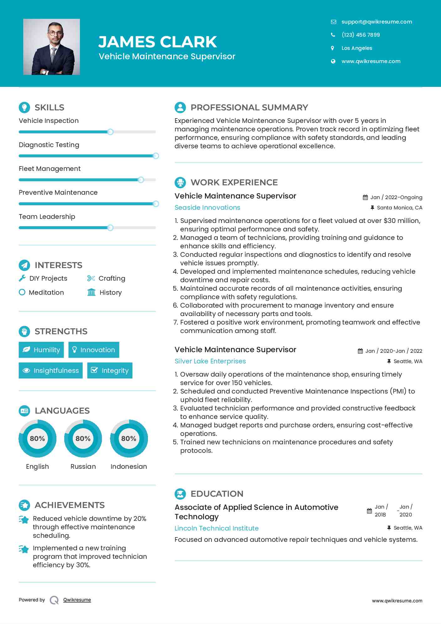 Vehicle Maintenance Supervisor Resume Samples QwikResume