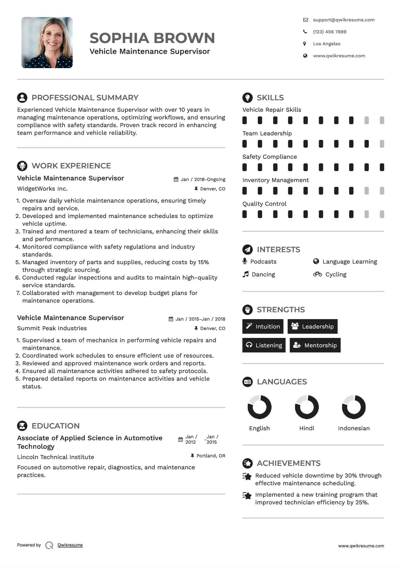 Vehicle Maintenance Supervisor Resume Samples QwikResume