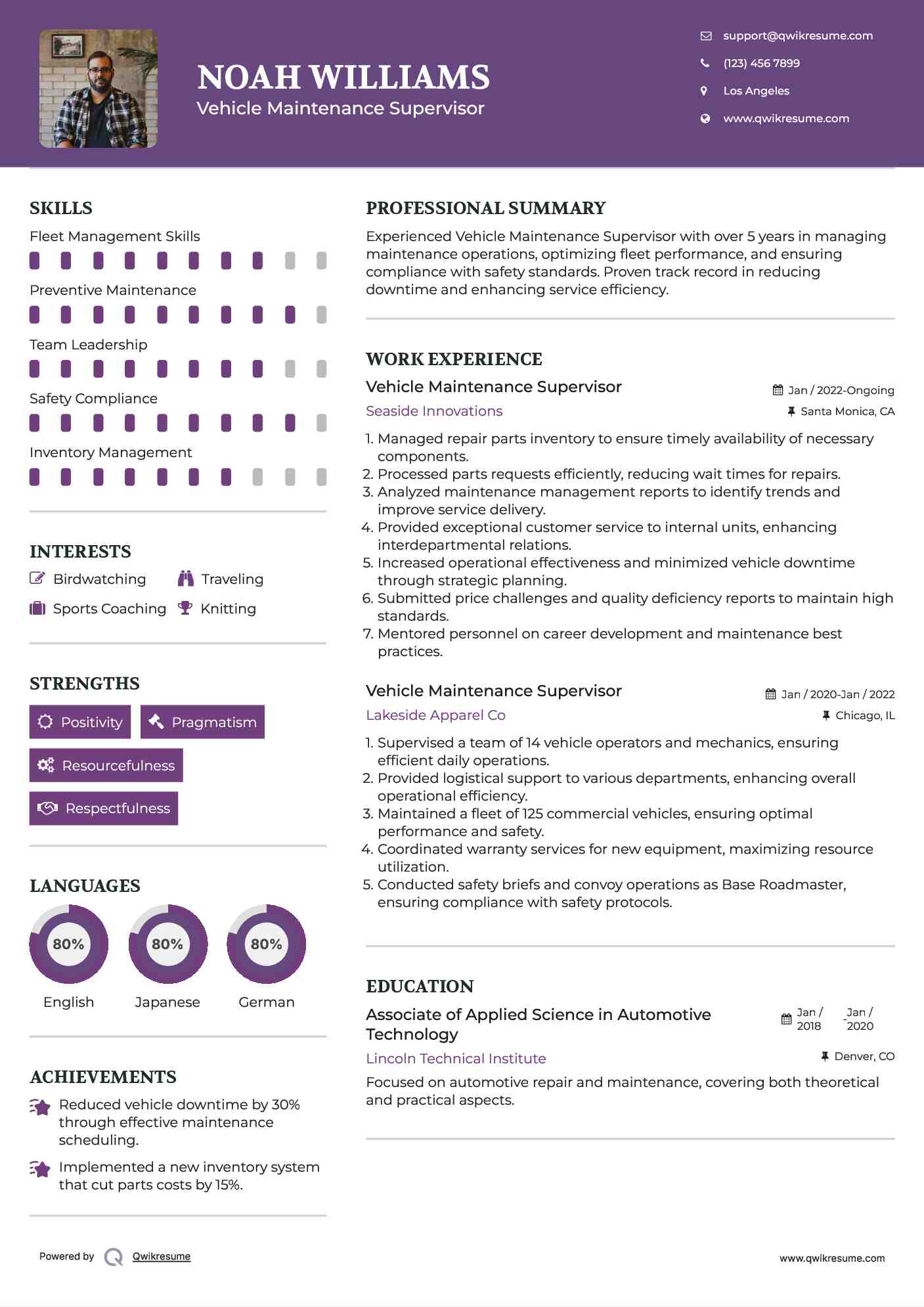 Vehicle Maintenance Supervisor Resume Samples QwikResume