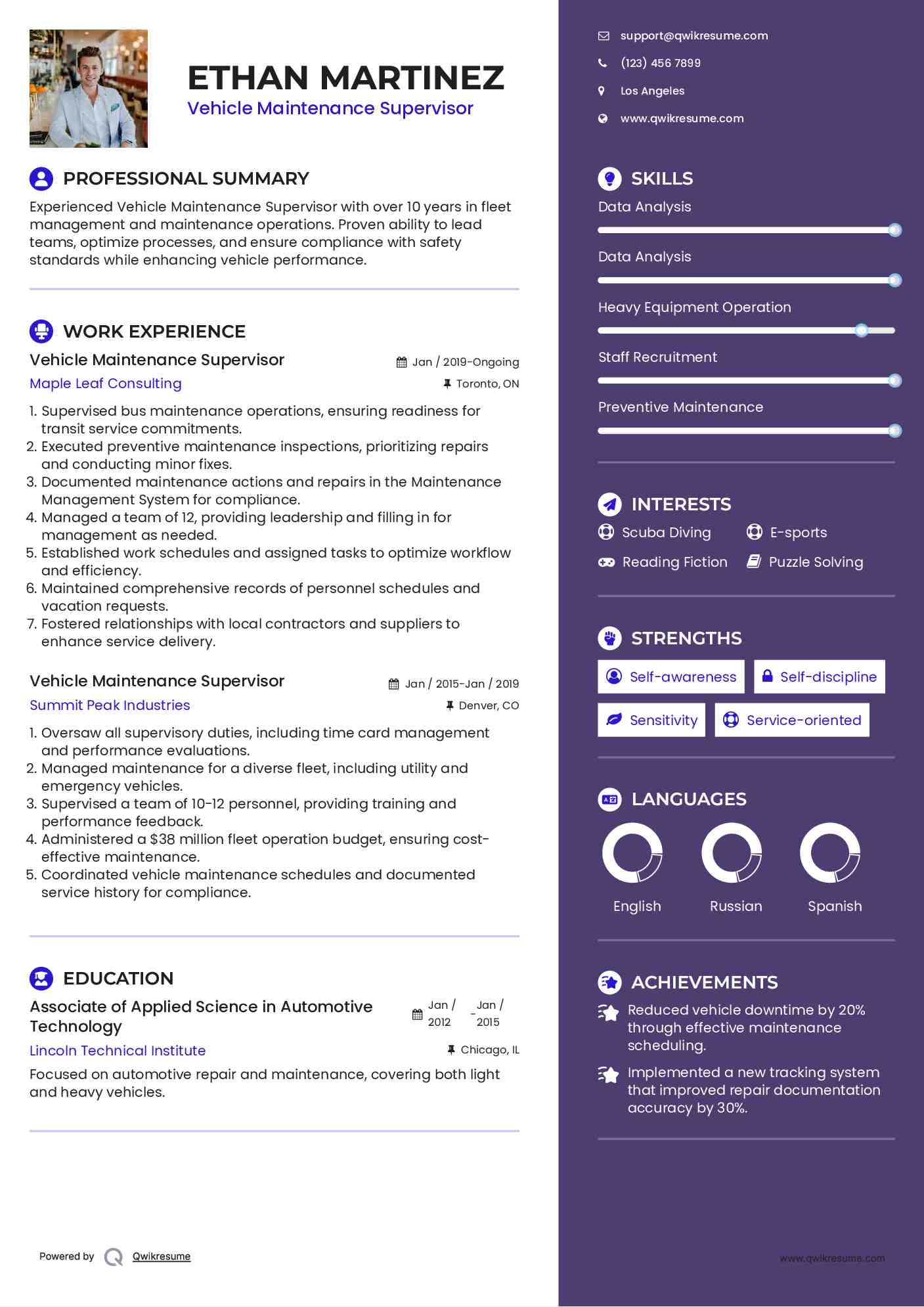 Vehicle Maintenance Supervisor Resume Samples QwikResume