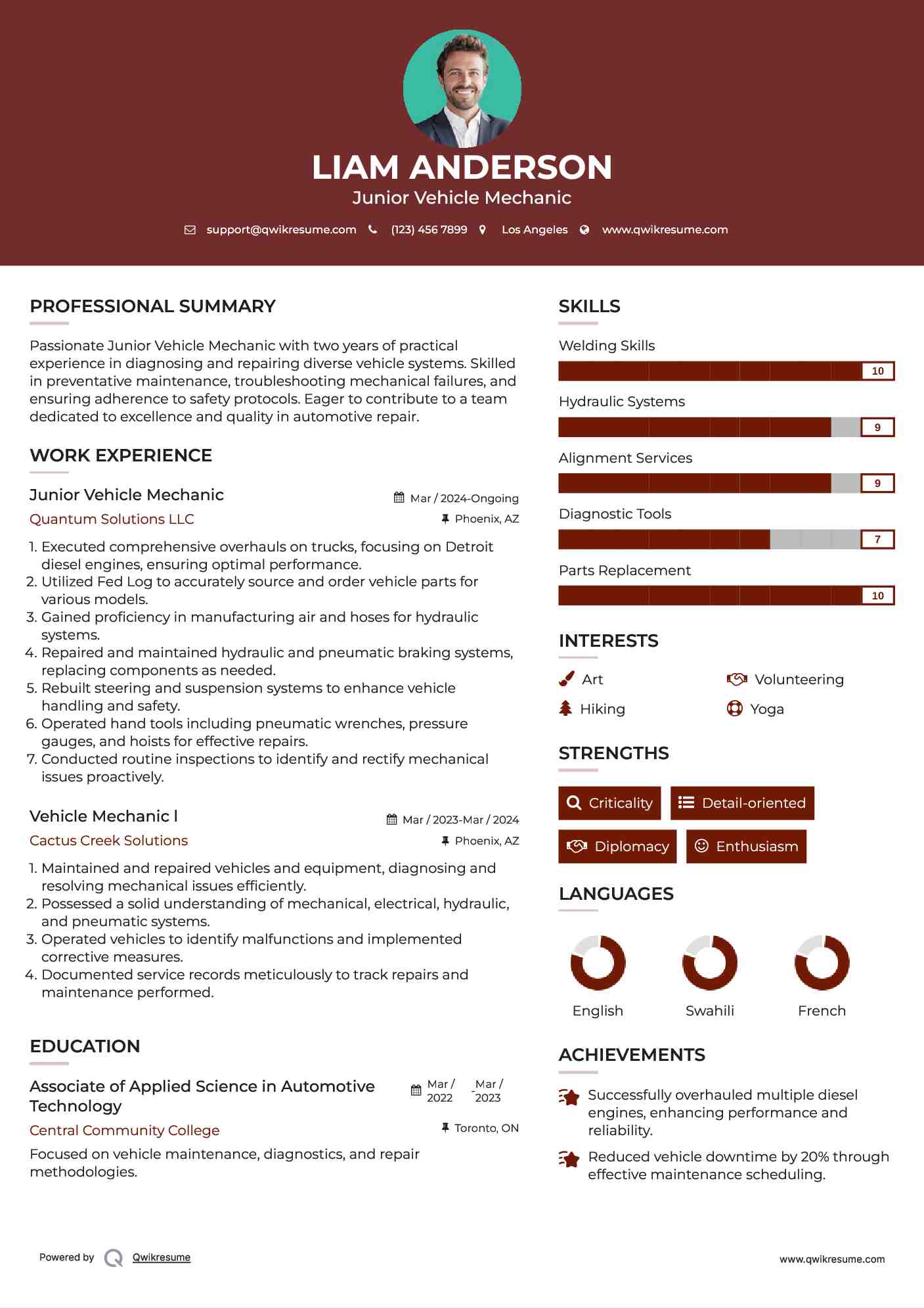 Junior Vehicle Mechanic Resume Format