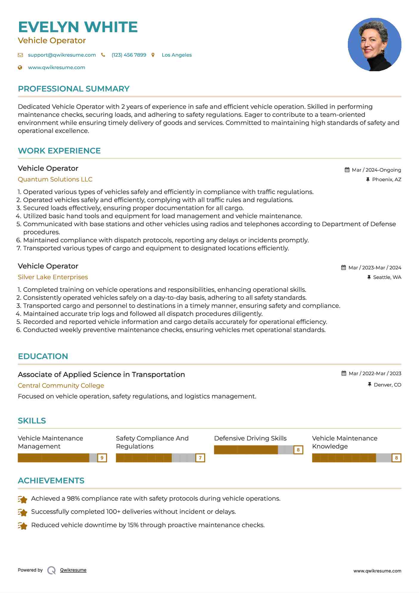 Vehicle Operator Resume Template