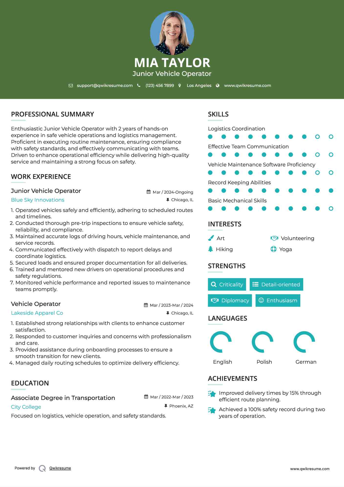 Junior Vehicle Operator Resume Template