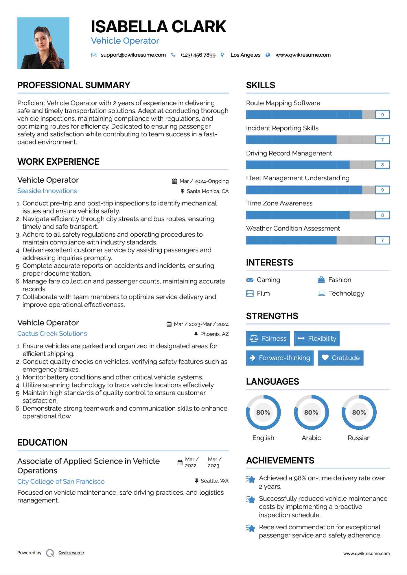 Vehicle Operator Resume Format