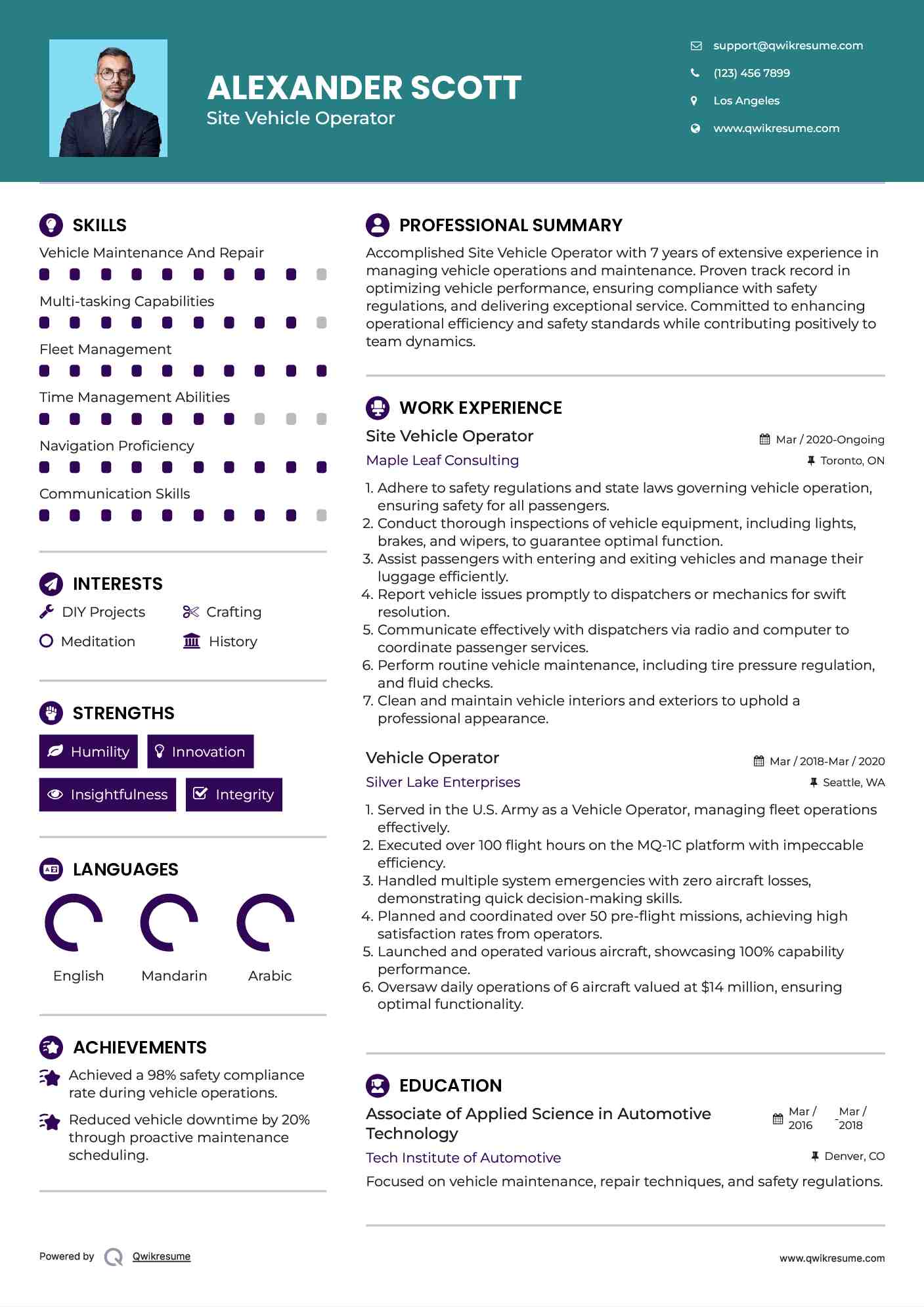 Site Vehicle Operator Resume Template